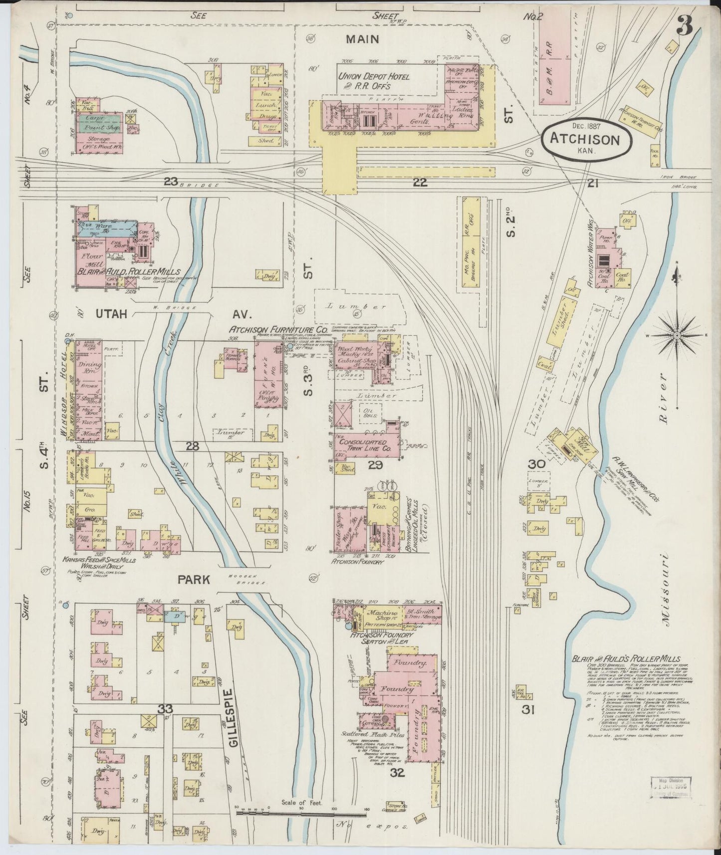 Sanborn Fire Insurance Map from Atchison, Atchison County, Kansas (1887), Sheet #0003 - Historic Sanborn Fire Insurance Map Print, vintage old map wall art, antique decor, genealogy gift, Kansas Kansas map