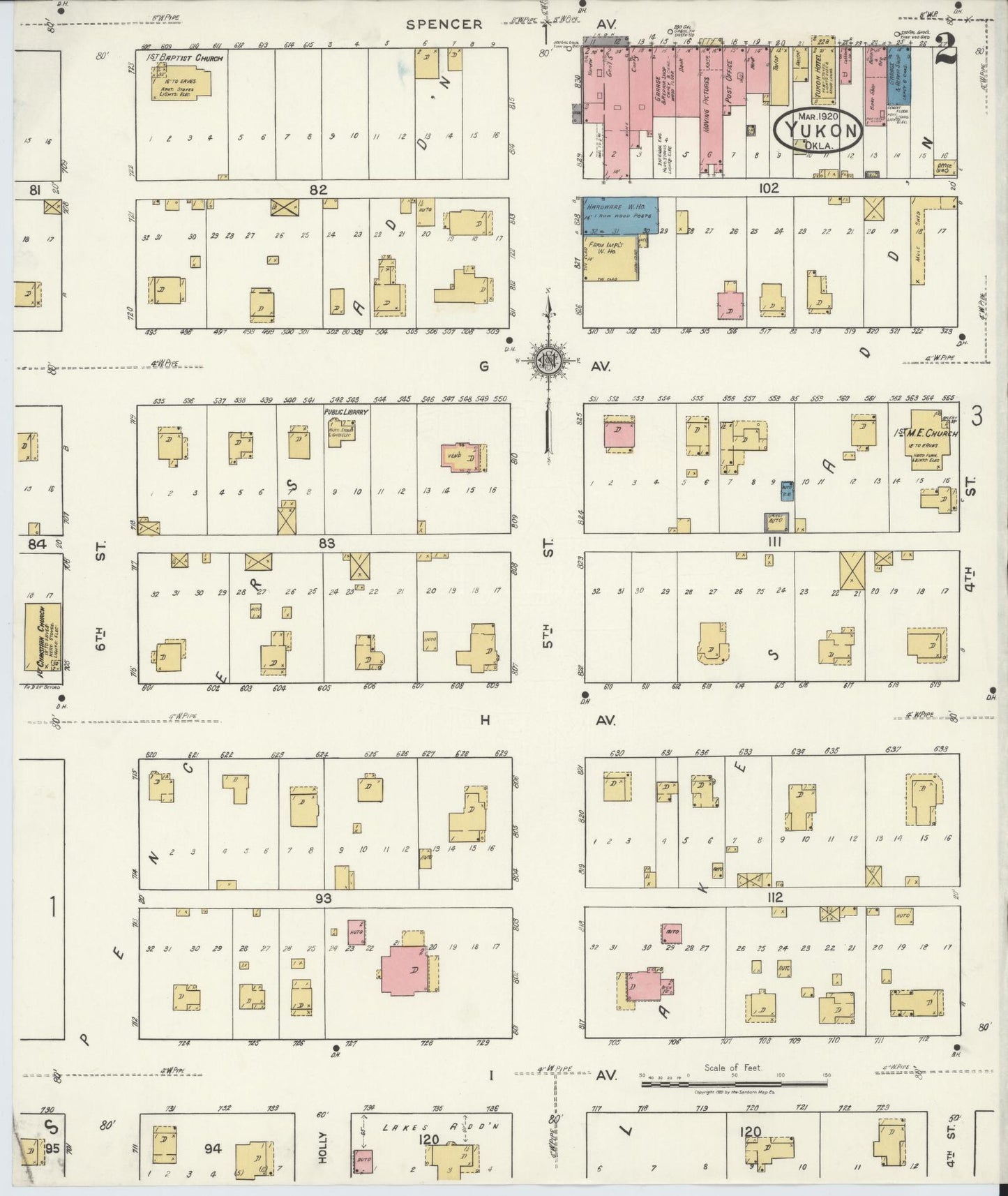 Sanborn Fire Insurance Map from Yukon, Canadian County, Oklahoma (1920), Sheet #0002 - Historic Sanborn Fire Insurance Map Print, vintage old map wall art, antique decor, genealogy gift, Oklahoma Oklahoma map