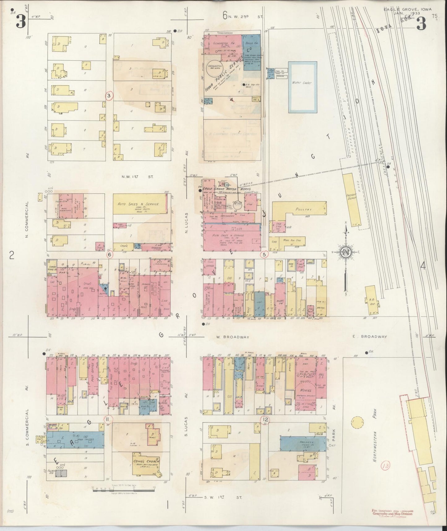 Sanborn Fire Insurance Map from Eagle Grove, Wright County, Iowa (1941), Sheet #0003 - Historic Sanborn Fire Insurance Map Print, vintage old map wall art