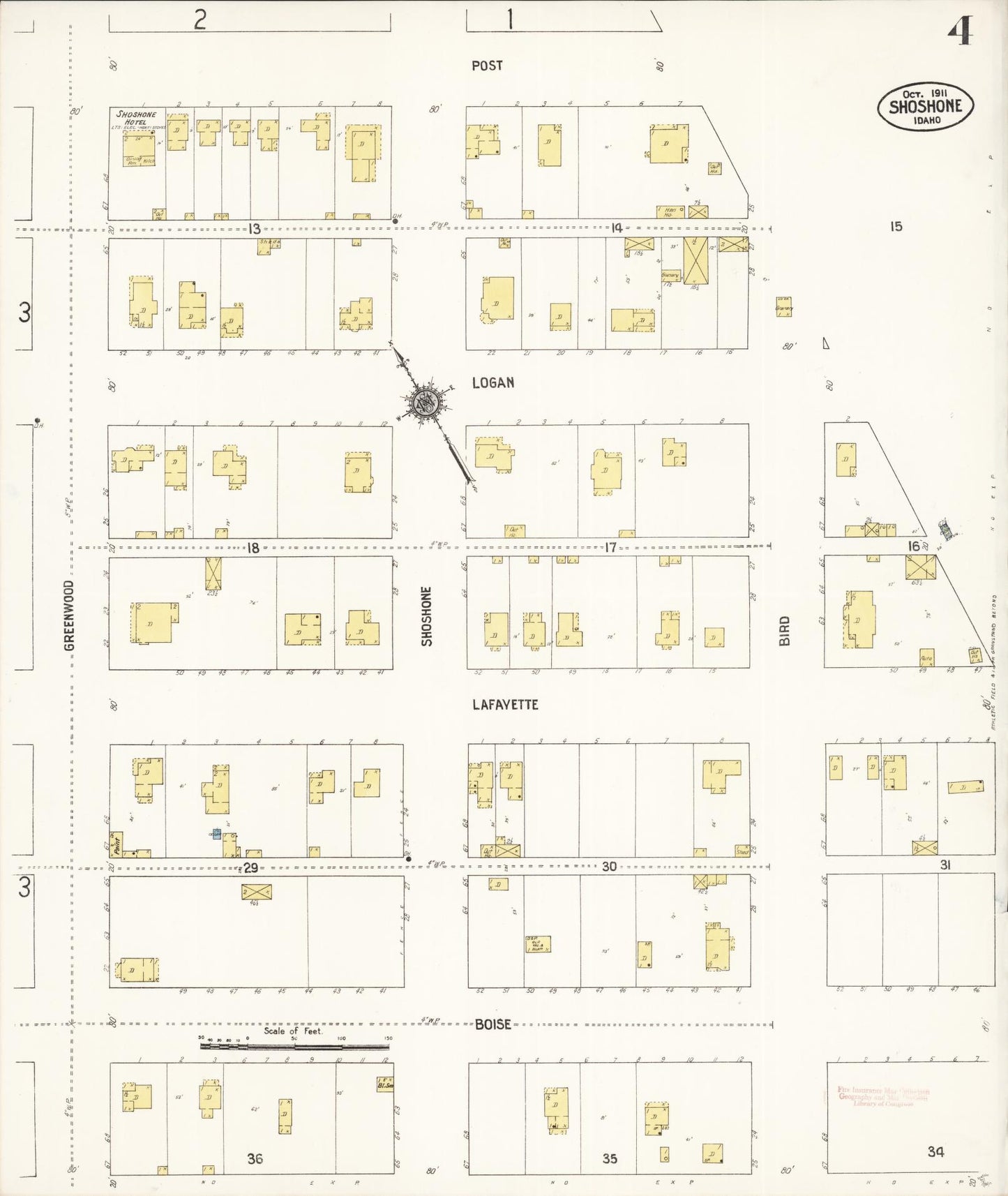 Sanborn Fire Insurance Map from Shoshone, Lincoln County, Idaho (1911), Sheet #0004 - Historic Sanborn Fire Insurance Map Print, vintage old map wall art, antique decor, genealogy gift, Idaho Idaho map
