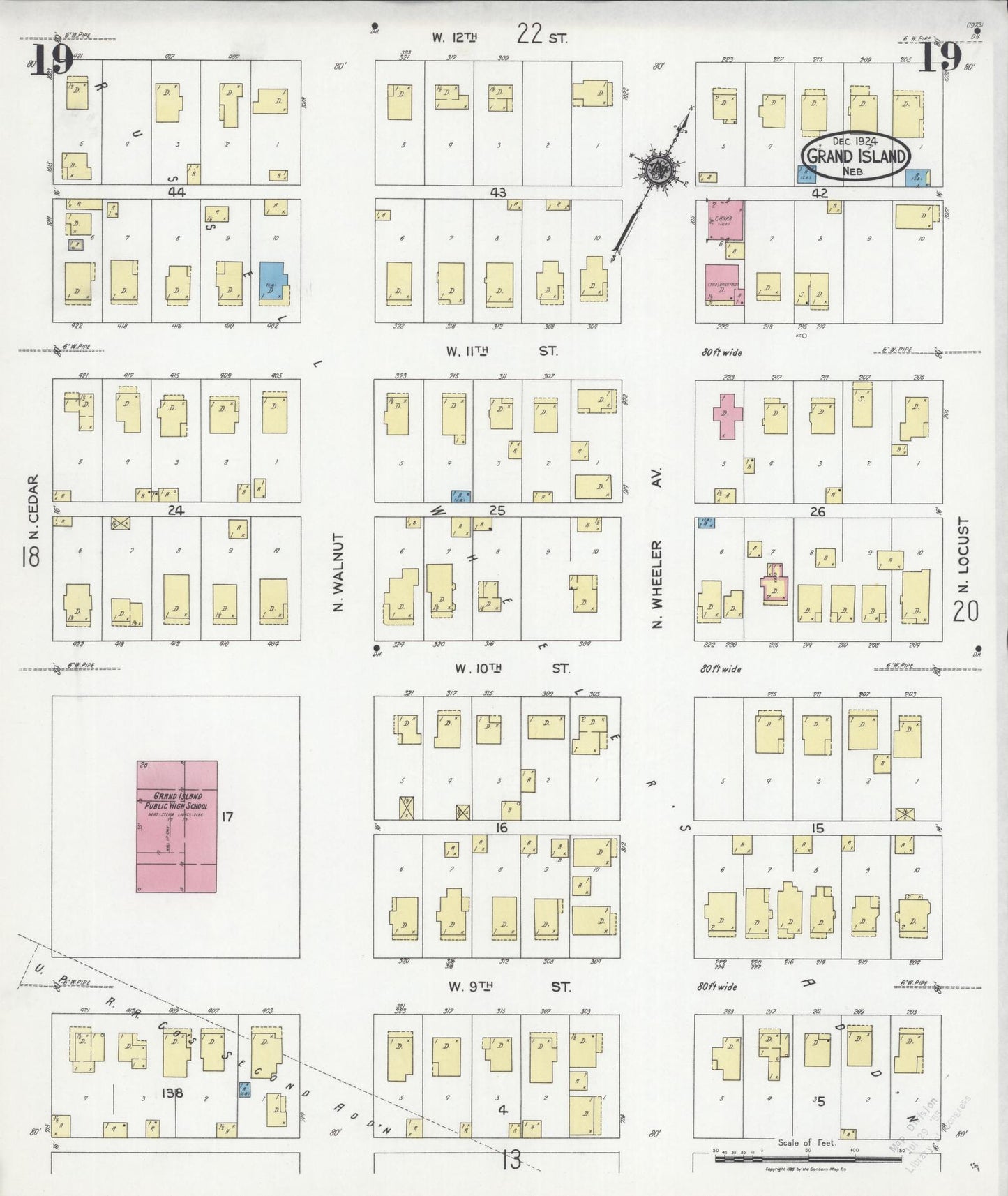 Sanborn Fire Insurance Map from Grand Island, Hall County, Nebraska (1924), Sheet #0019 - Historic Sanborn Fire Insurance Map Print, vintage old map wall art, antique decor, genealogy gift, Nebraska Nebraska map