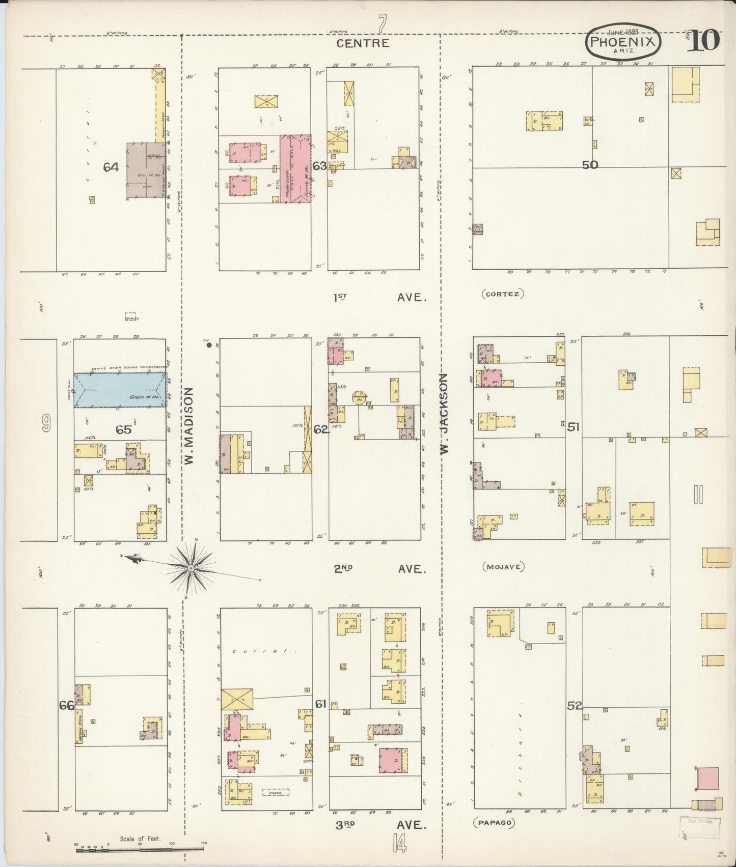 Sanborn Fire Insurance Map from Phoenix, Maricopa County, Arizona (1893), Sheet #0010 - Historic Sanborn Fire Insurance Map Print, vintage old map wall art, antique decor, genealogy gift, Arizona Arizona map