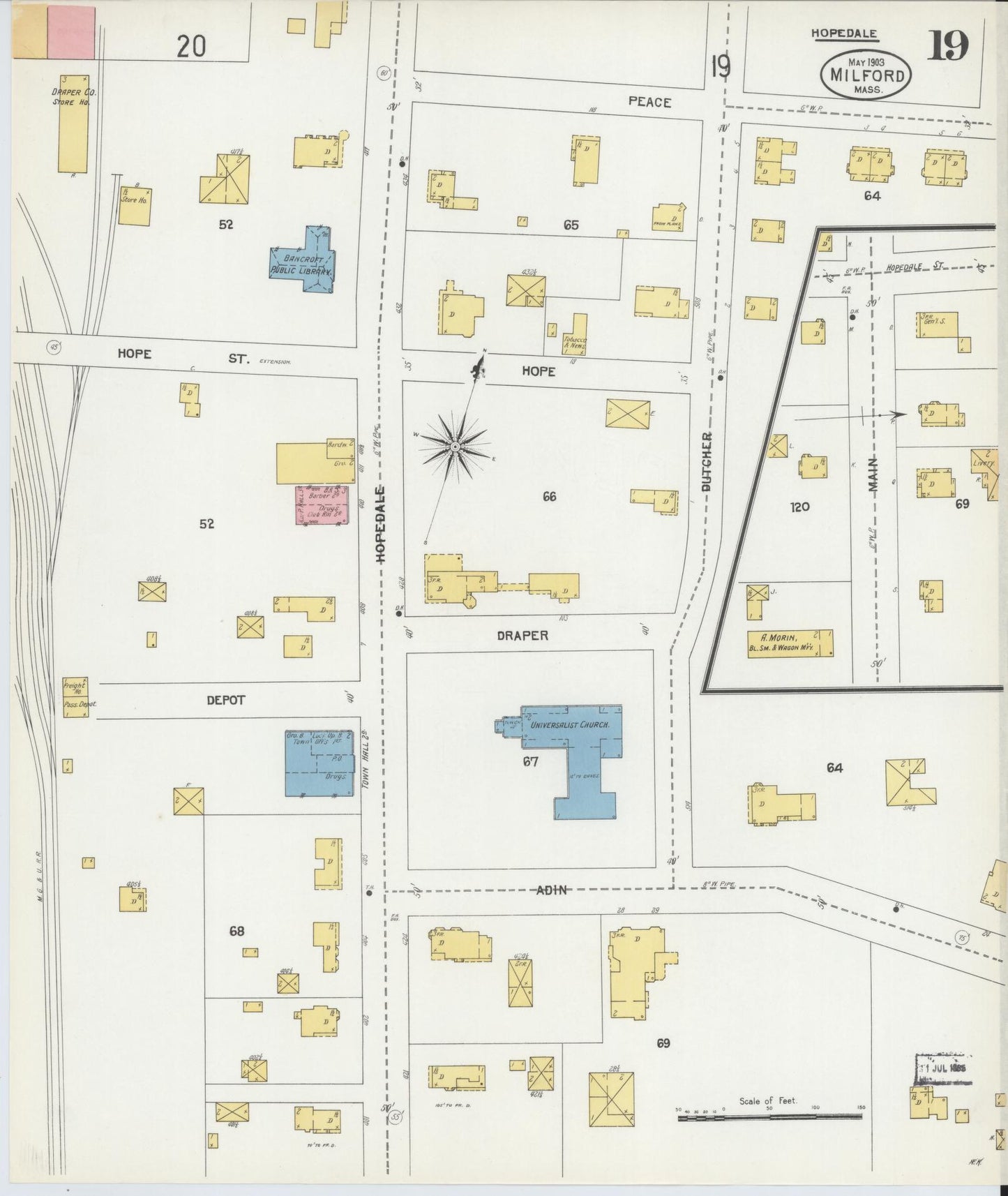 Sanborn Fire Insurance Map from Milford, Worcester County, Massachusetts (1903), Sheet #0019 - Historic Sanborn Fire Insurance Map Print, vintage old map wall art, antique decor, genealogy gift, Massachusetts Massachusetts map