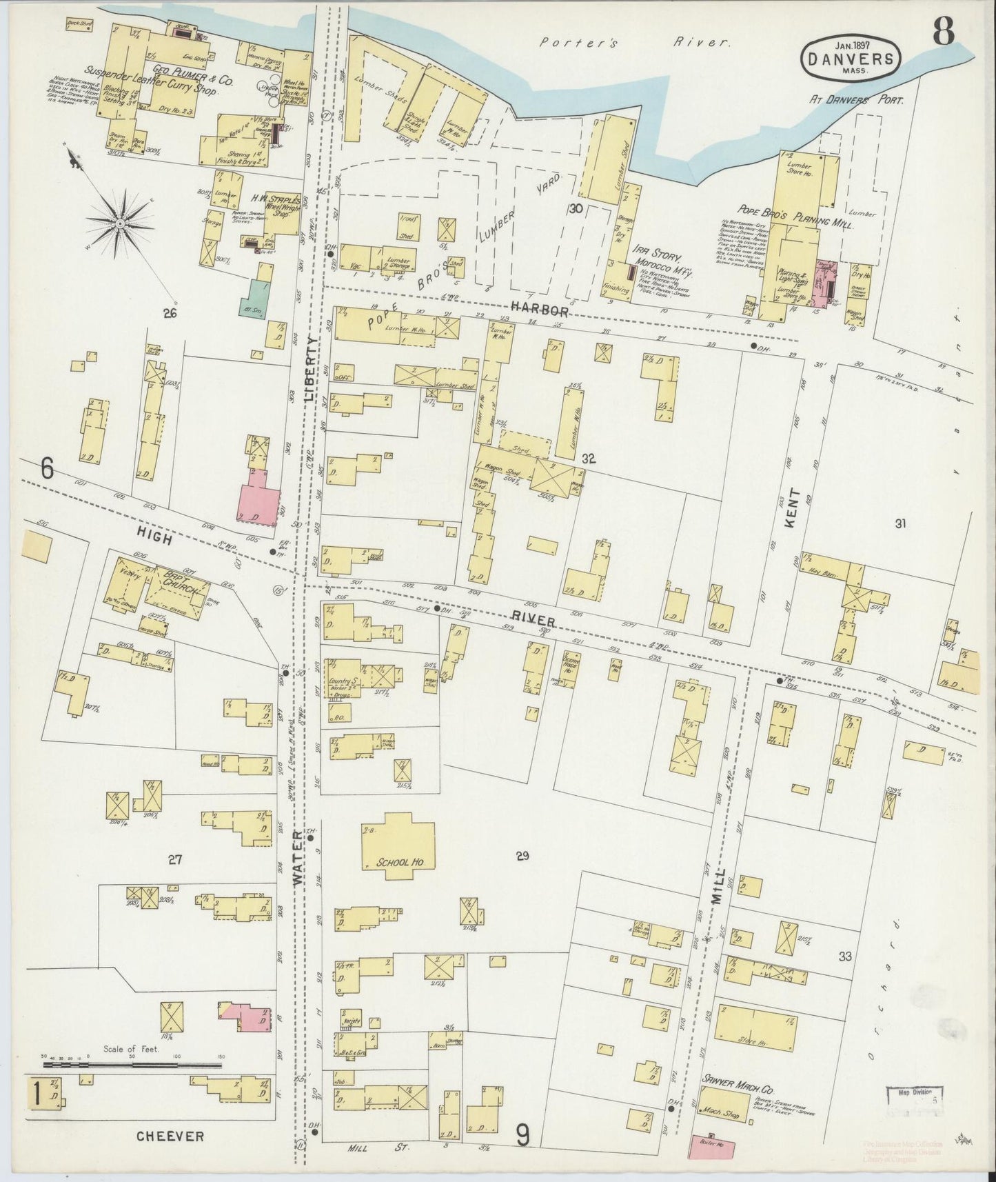 Sanborn Fire Insurance Map from Danvers, Essex County, Massachusetts (1897), Sheet #0008 - Historic Sanborn Fire Insurance Map Print, vintage old map wall art, antique decor, genealogy gift, Massachusetts Massachusetts map