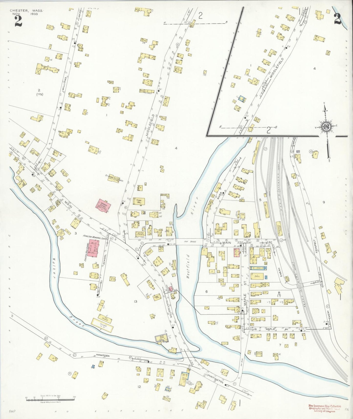 Sanborn Fire Insurance Map from Chester, Hampden County, Massachusetts (1933), Sheet #0002 - Historic Sanborn Fire Insurance Map Print, vintage old map wall art, antique decor, genealogy gift, Massachusetts Massachusetts map