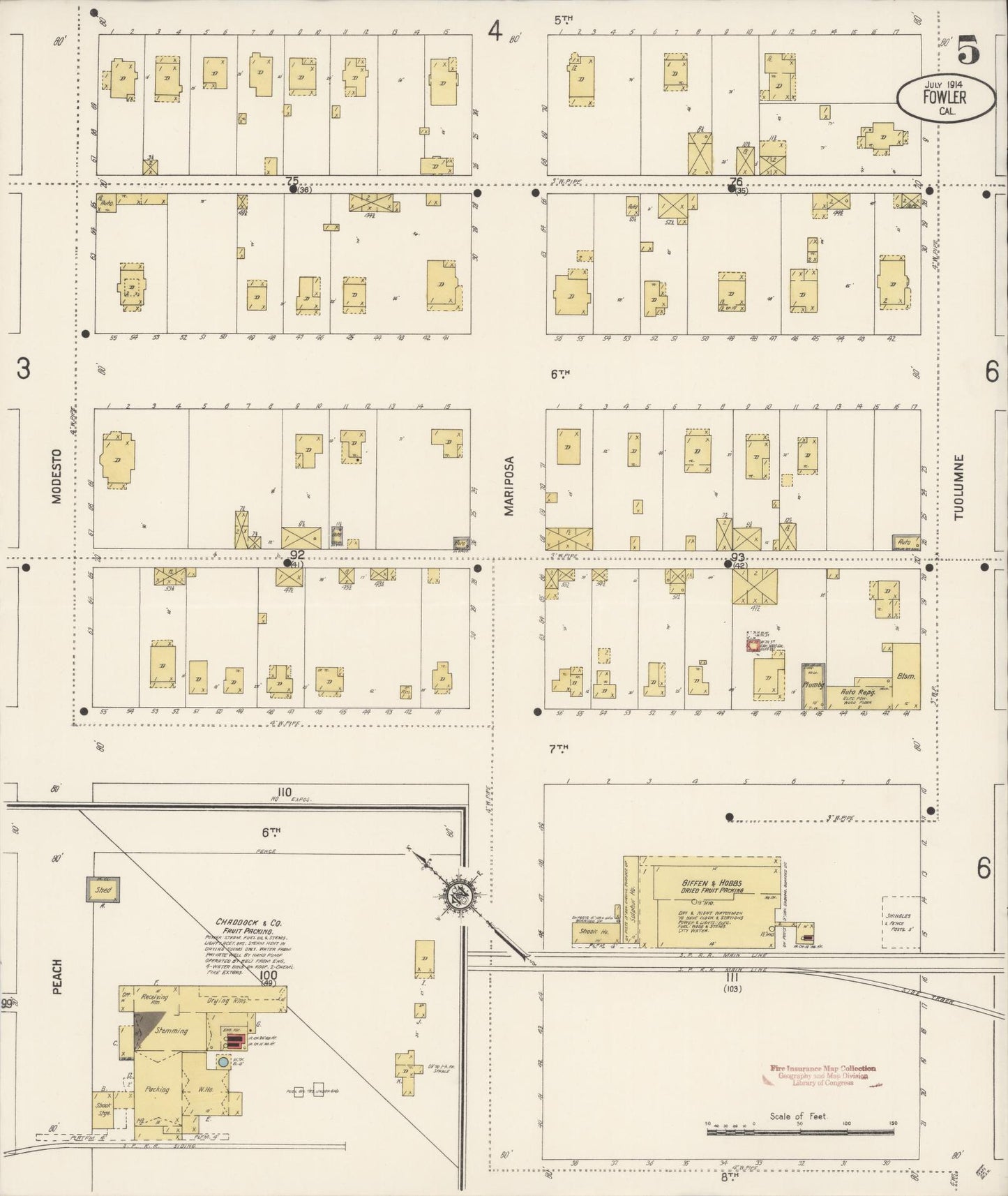 Sanborn Fire Insurance Map from Fowler, Fresno County, California (1914), Sheet #0005 - Historic Sanborn Fire Insurance Map Print, vintage old map wall art, antique decor, genealogy gift, California California map