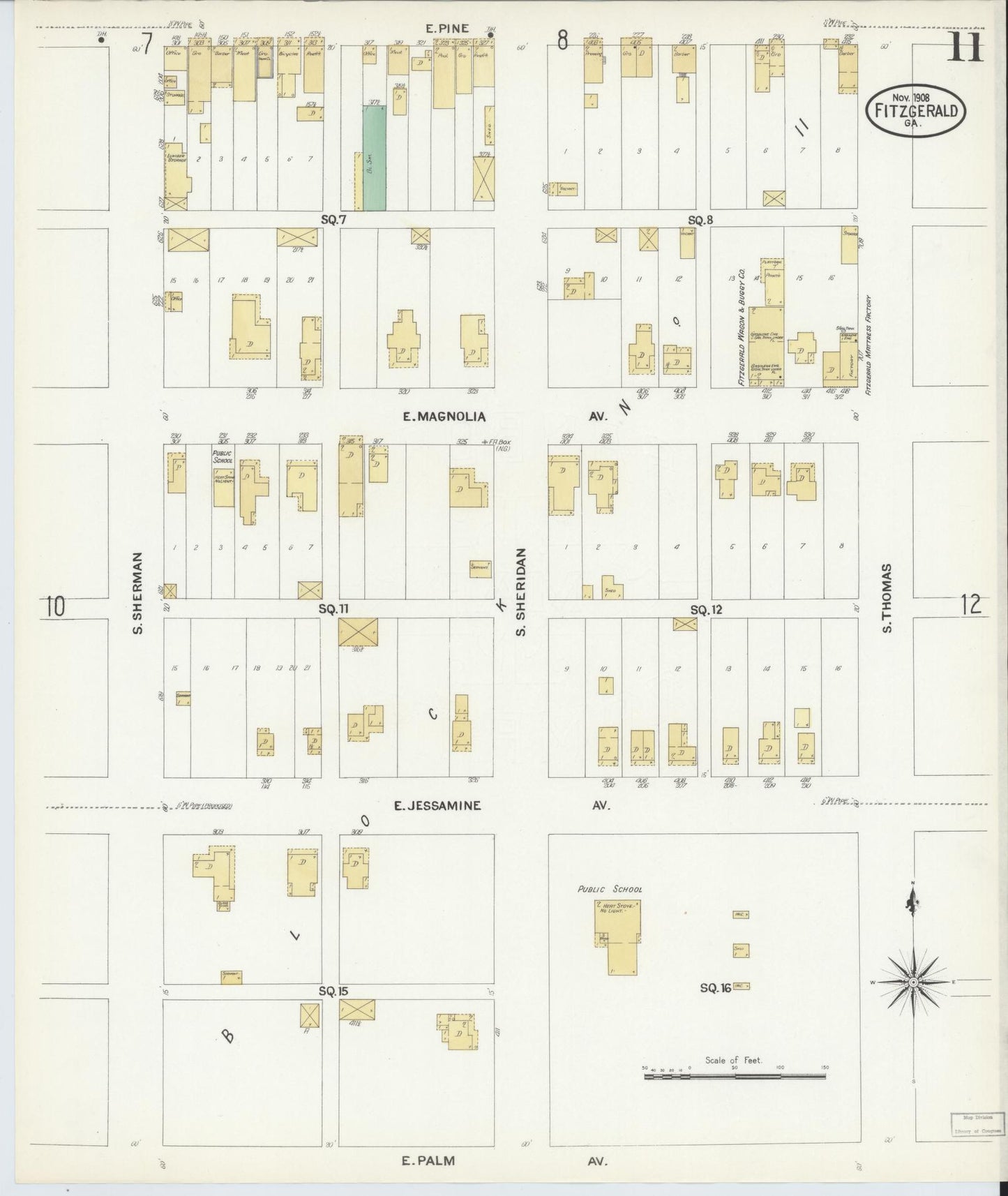 Sanborn Fire Insurance Map from Fitzgerald, Ben Hill County, Georgia (1908), Sheet #0011 - Historic Sanborn Fire Insurance Map Print, vintage old map wall art, antique decor, genealogy gift, Georgia Georgia map