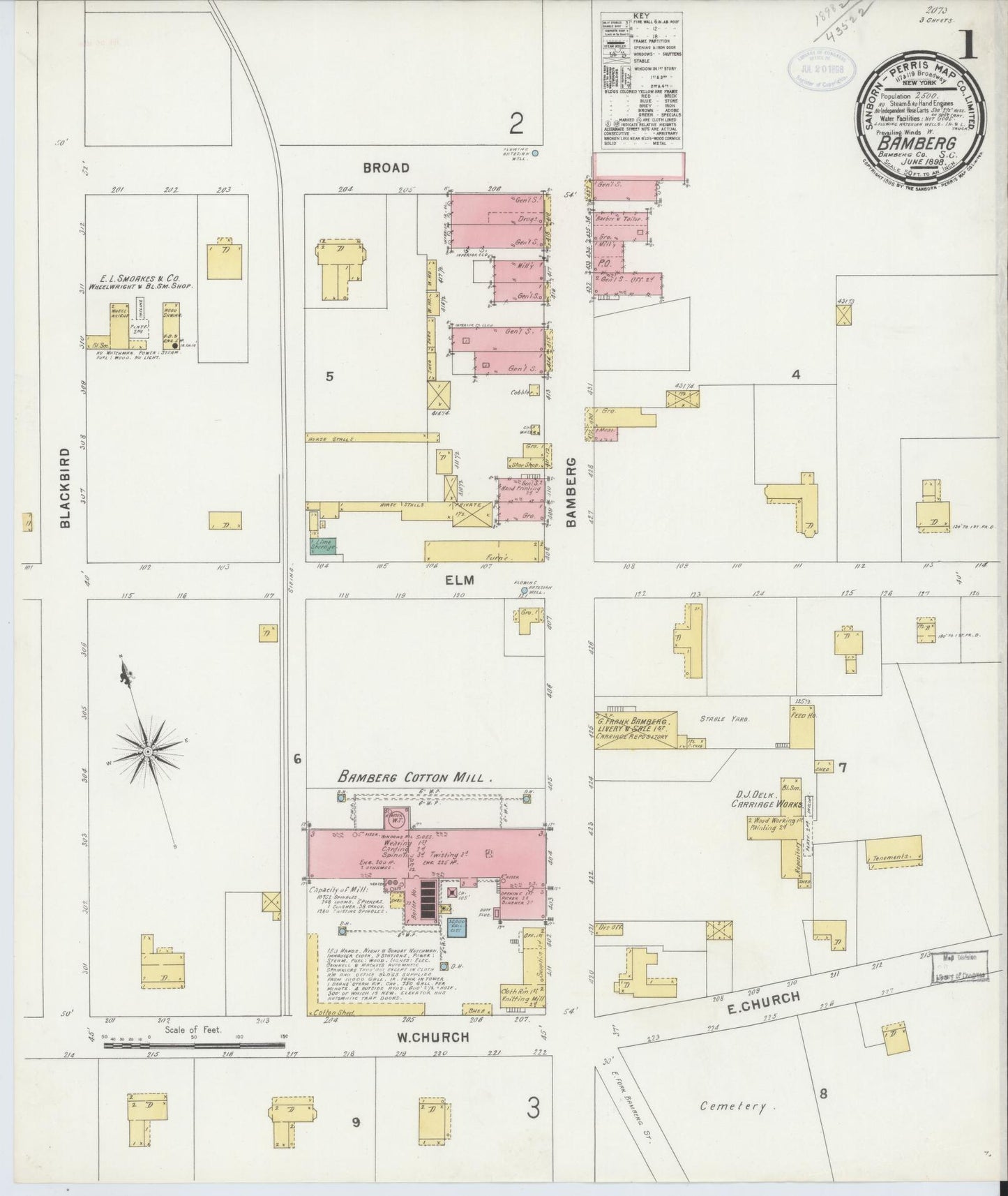 Sanborn Fire Insurance Map from Bamberg, Bamberg County, South Carolina (1898), Sheet #0001 - Historic Sanborn Fire Insurance Map Print, vintage old map wall art, antique decor, genealogy gift, South Carolina South Carolina map