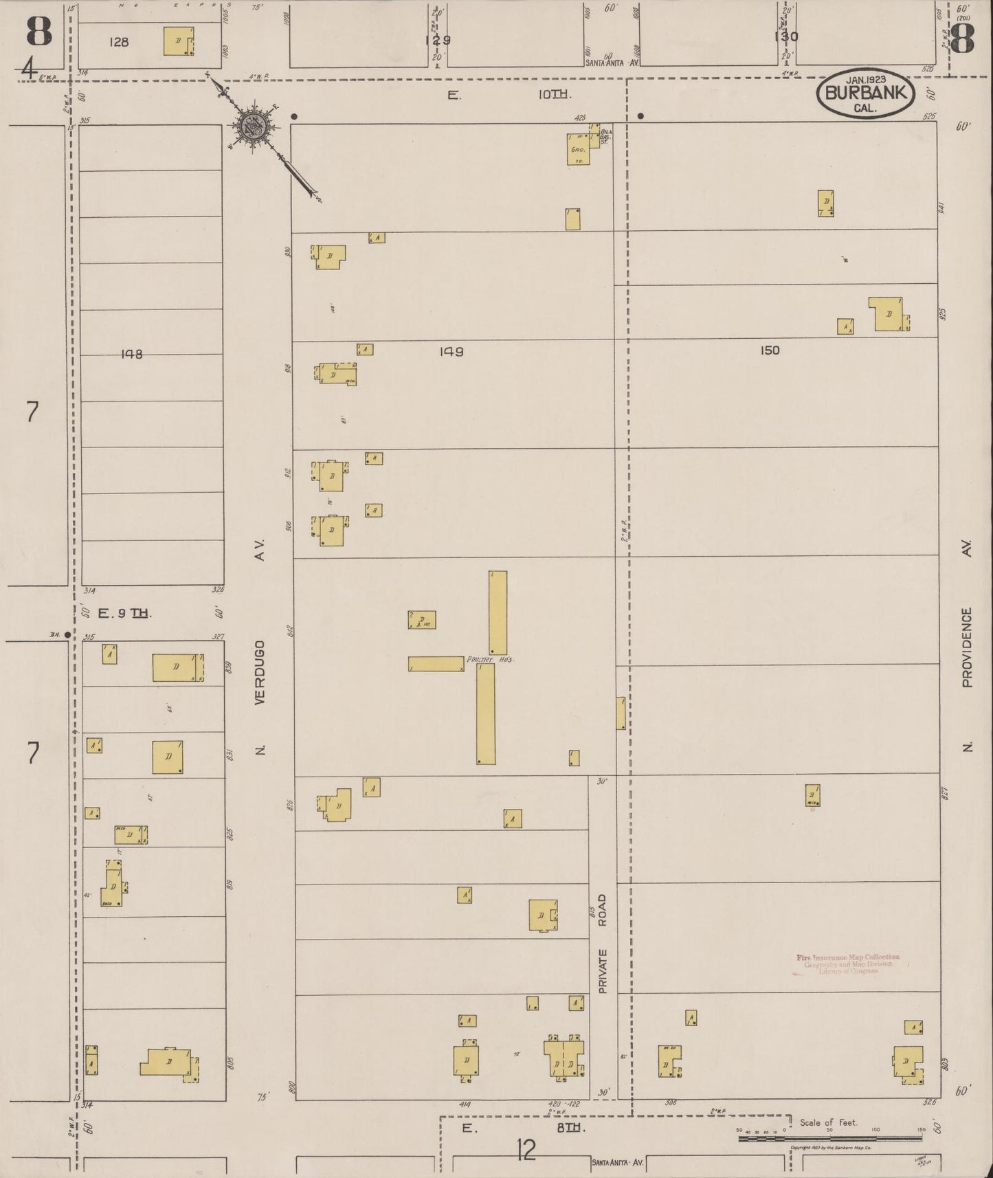 Sanborn Fire Insurance Map from Burbank, Los Angeles County, California (1923), Sheet #0008 - Historic Sanborn Fire Insurance Map Print, vintage old map wall art, antique decor, genealogy gift, California California map