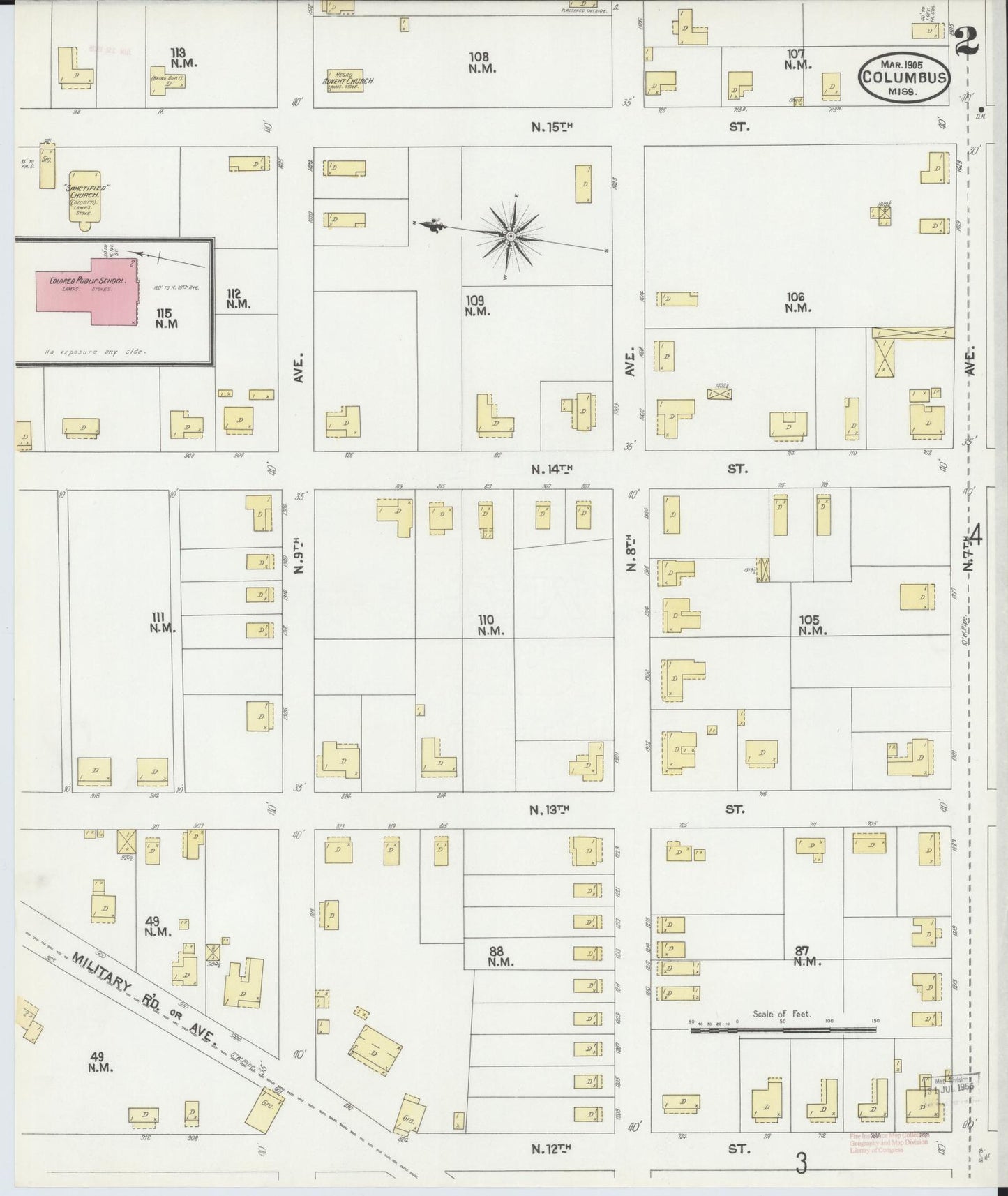 Sanborn Fire Insurance Map from Columbus, Lowndes County, Mississippi (1905), Sheet #0002 - Historic Sanborn Fire Insurance Map Print, vintage old map wall art, antique decor, genealogy gift, Mississippi Mississippi map
