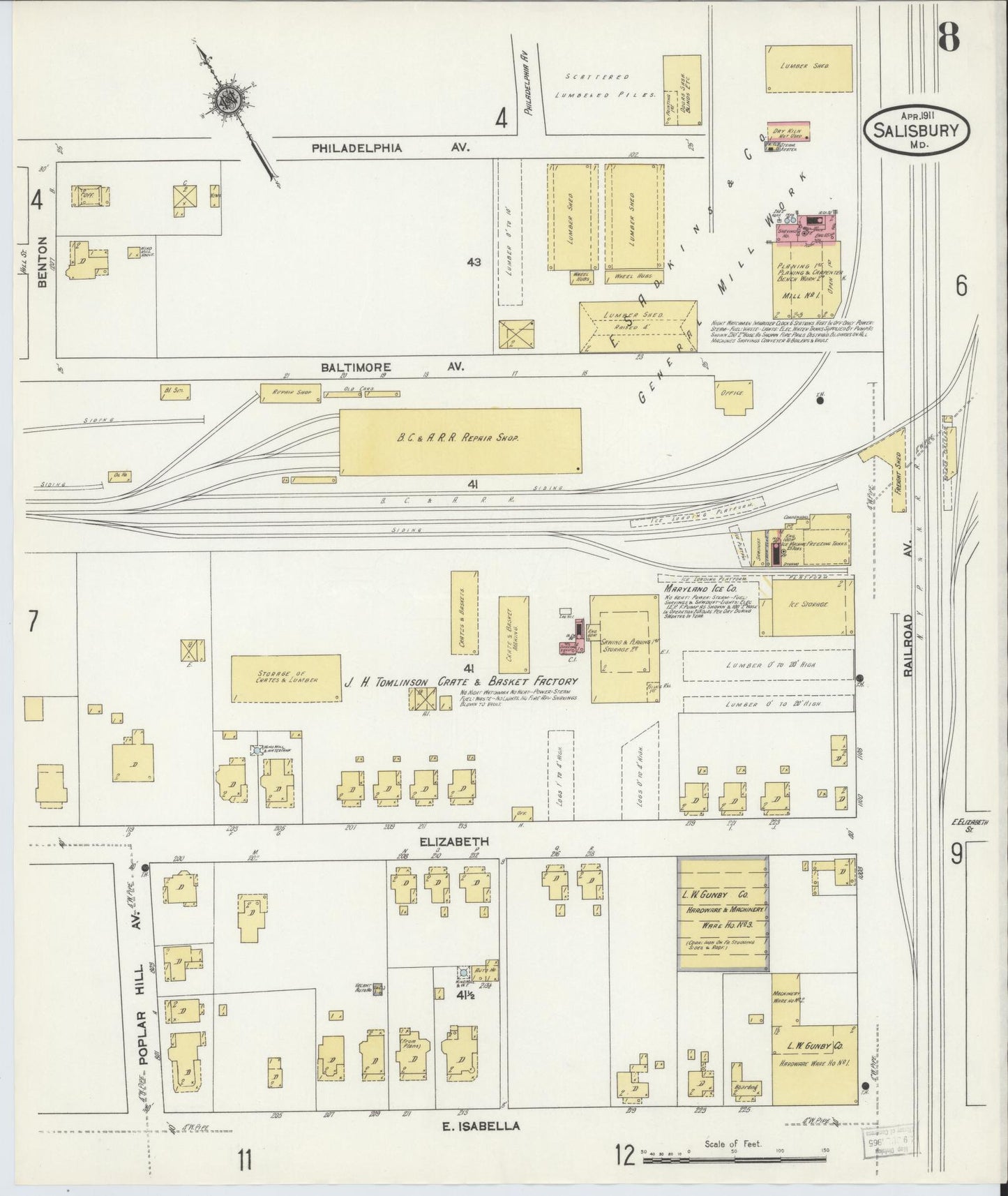 Sanborn Fire Insurance Map from Salisbury, Wicomico County, Maryland (1911), Sheet #0008 - Historic Sanborn Fire Insurance Map Print, vintage old map wall art
