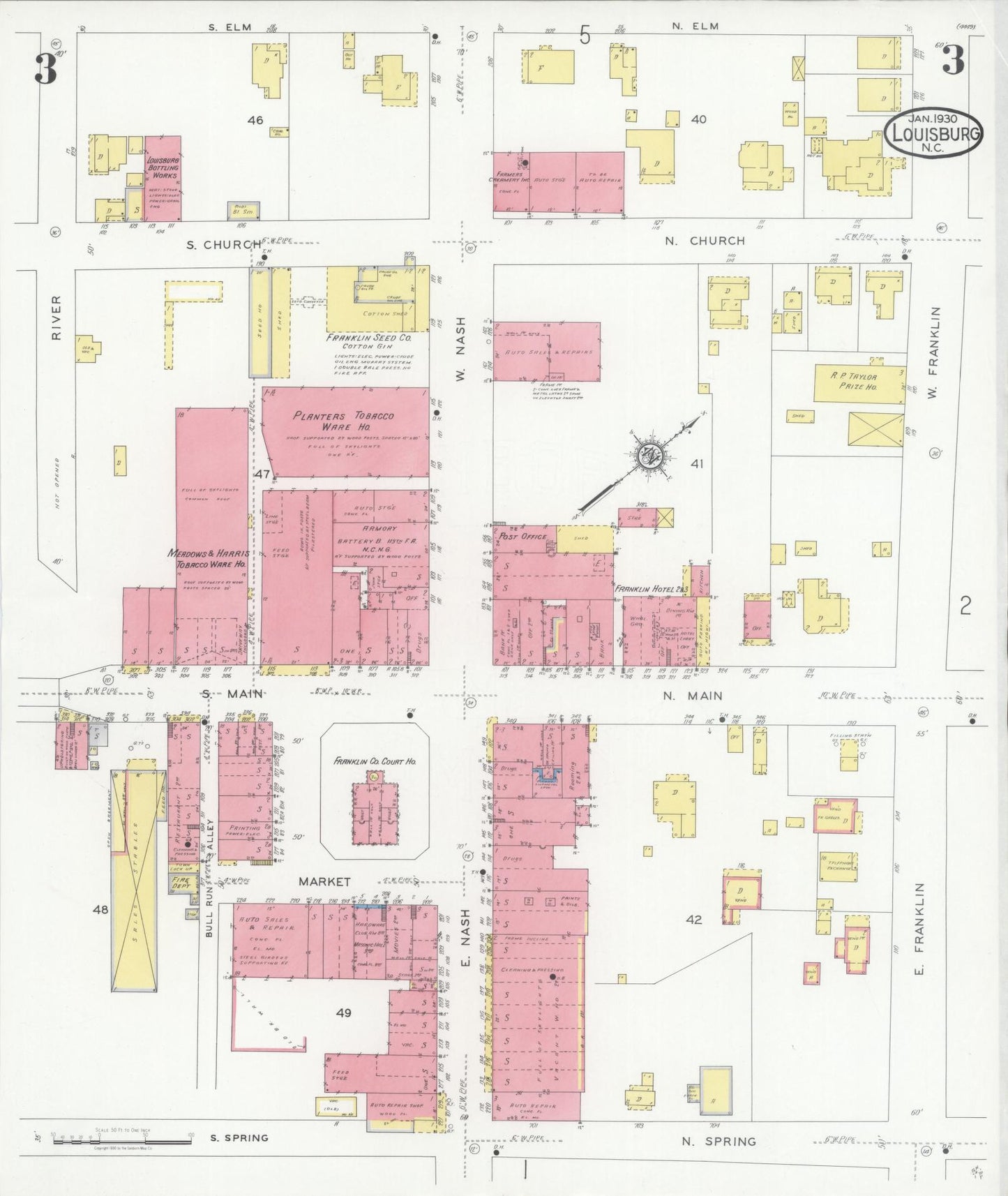 Sanborn Fire Insurance Map from Louisburg, Franklin County, North Carolina (1930), Sheet #0003 - Historic Sanborn Fire Insurance Map Print, vintage old map wall art, antique decor, genealogy gift, North Carolina North Carolina map