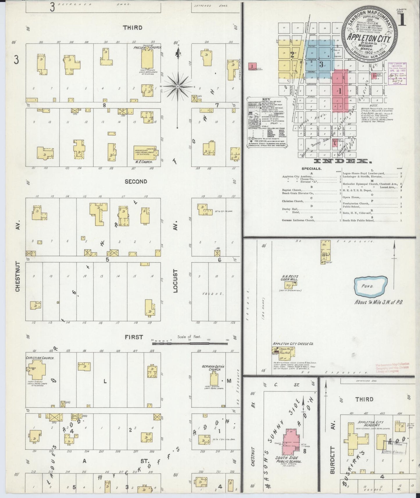 Sanborn Fire Insurance Map from Appleton City, Saint Clair County, Missouri (1902), Sheet #0001 - Historic Sanborn Fire Insurance Map Print, vintage old map wall art, antique decor, genealogy gift, Missouri Missouri map