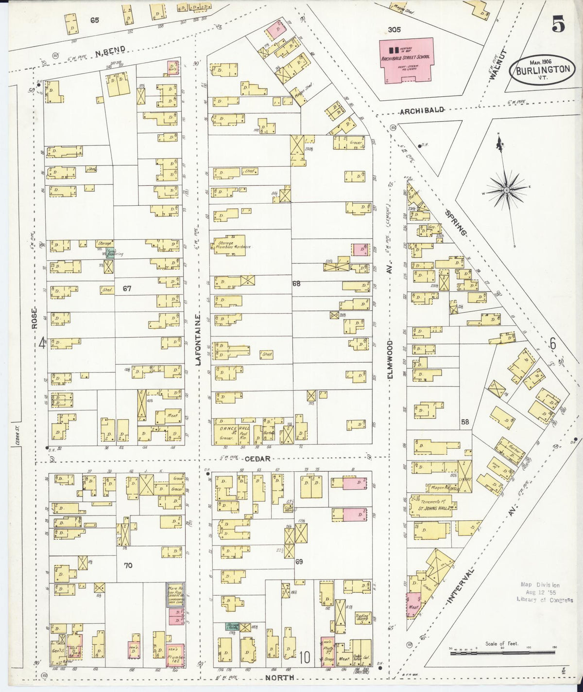 Sanborn Fire Insurance Map from Burlington, Chittenden County, Vermont (1906), Sheet #0005 - Historic Sanborn Fire Insurance Map Print, vintage old map wall art, antique decor, genealogy gift, Vermont Vermont map