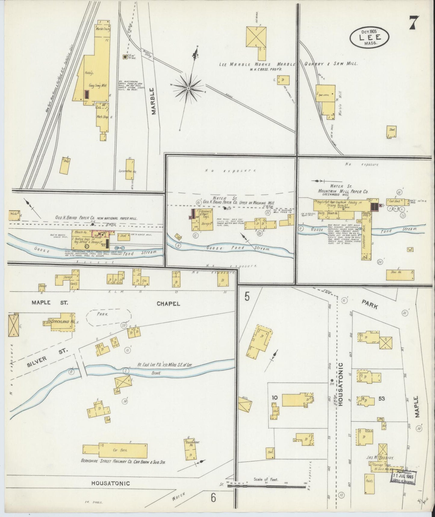 Sanborn Fire Insurance Map from Lee, Berkshire County, Massachusetts (1905), Sheet #0007 - Complete Map Set gallery image, historic Sanborn map, vintage wall art, Massachusetts Massachusetts