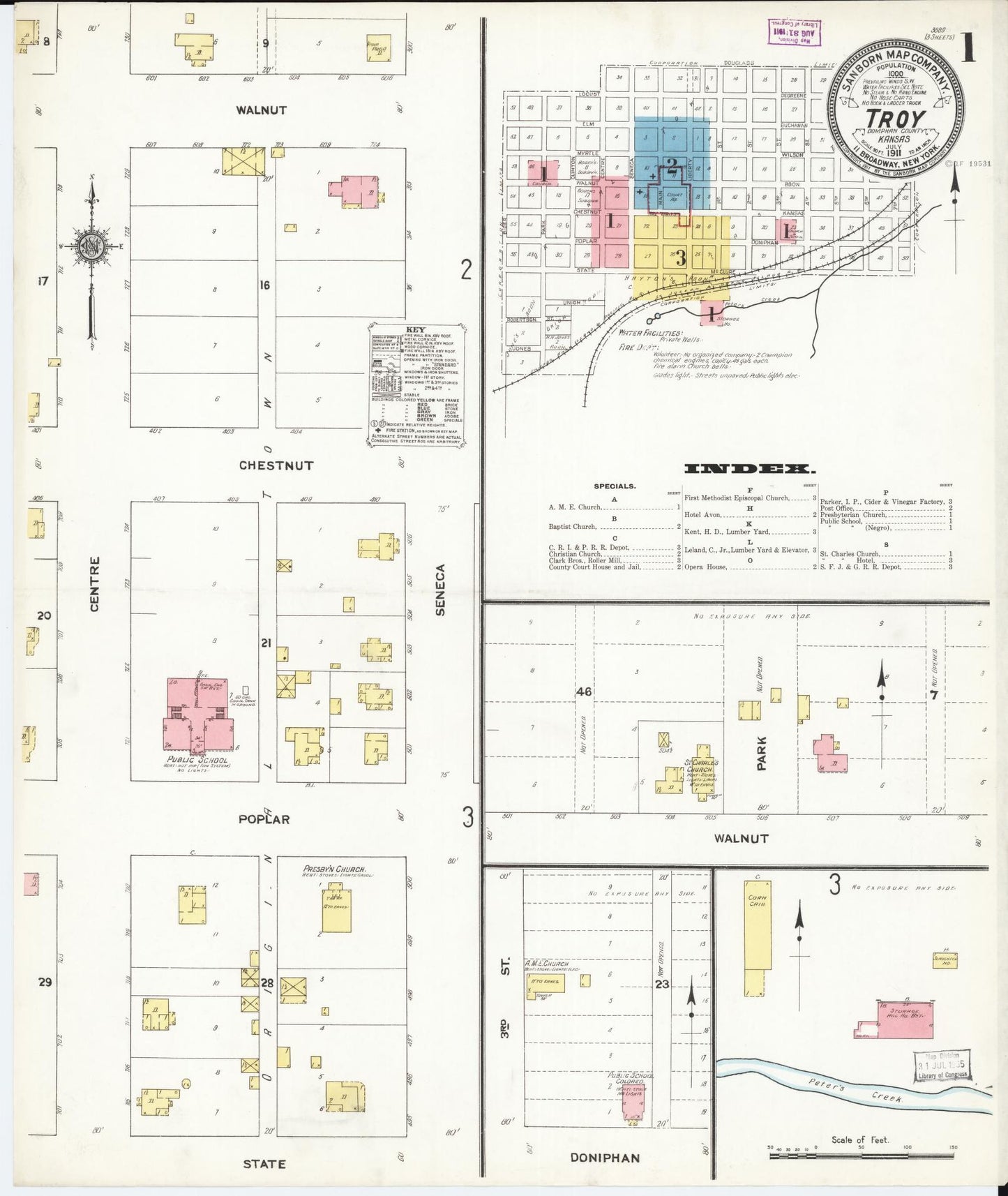 Sanborn Fire Insurance Map from Troy, Doniphan County, Kansas (1911), Sheet #0001 - Historic Sanborn Fire Insurance Map Print, vintage old map wall art, antique decor, genealogy gift, Kansas Kansas map