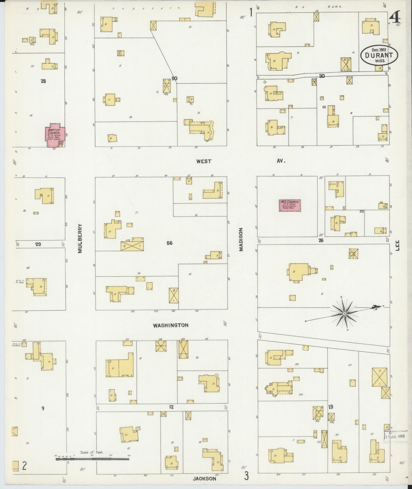 Sanborn Fire Insurance Map from Durant, Holmes County, Mississippi (1902), Sheet #0004 - Complete Map Set gallery image, historic Sanborn map, vintage wall art, Mississippi Mississippi