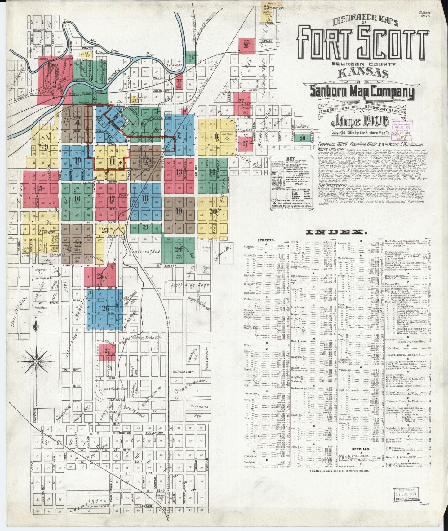 Sanborn Fire Insurance Map from Fort Scott, Bourbon County, Kansas (1906), Sheet #0001 - Historic Sanborn Fire Insurance Map Print, vintage old map wall art, antique decor, genealogy gift, Kansas Kansas map