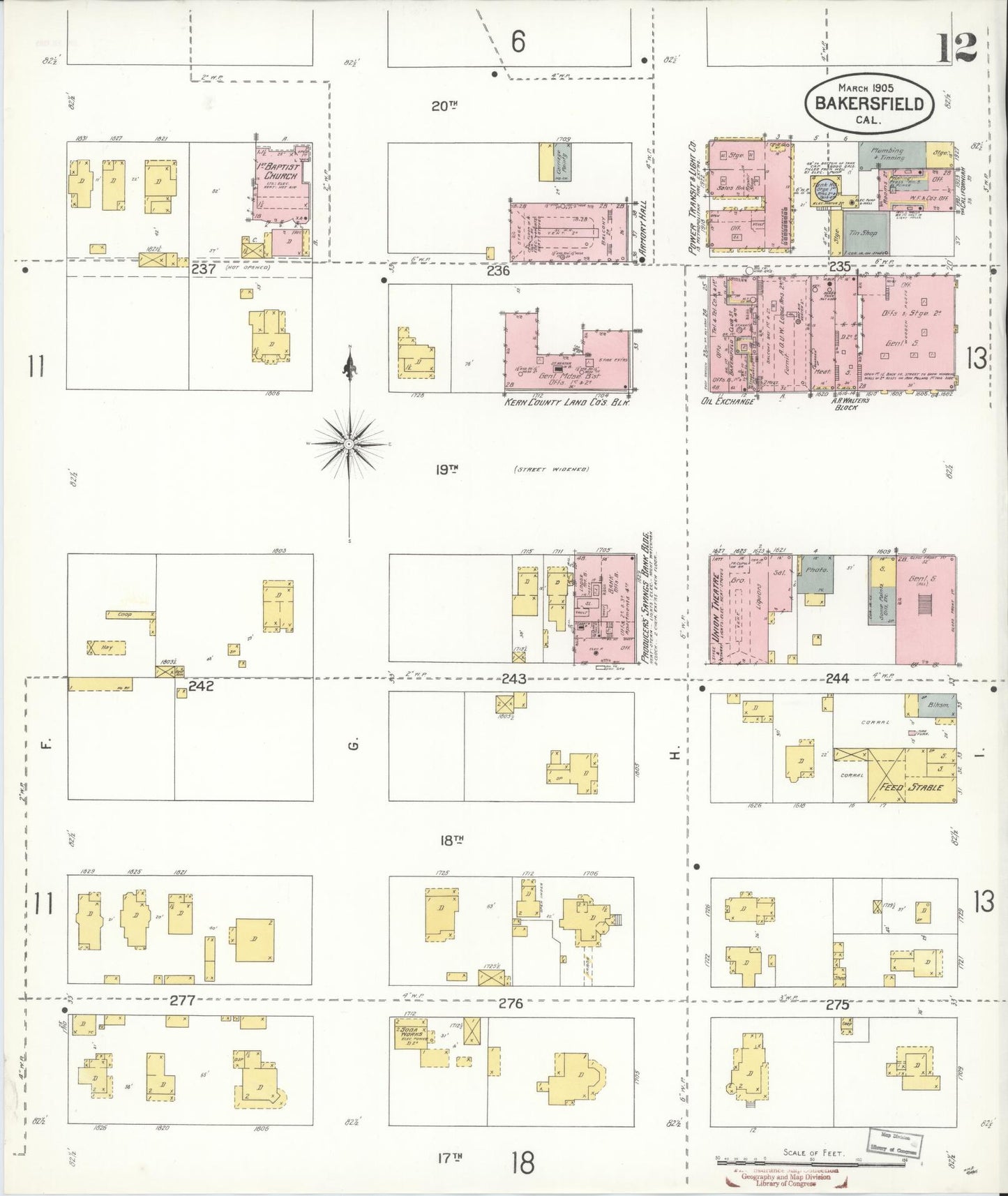 Sanborn Fire Insurance Map from Bakersfield, Kern County, California (1905), Sheet #0012 - Historic Sanborn Fire Insurance Map Print, vintage old map wall art, antique decor, genealogy gift, California California map