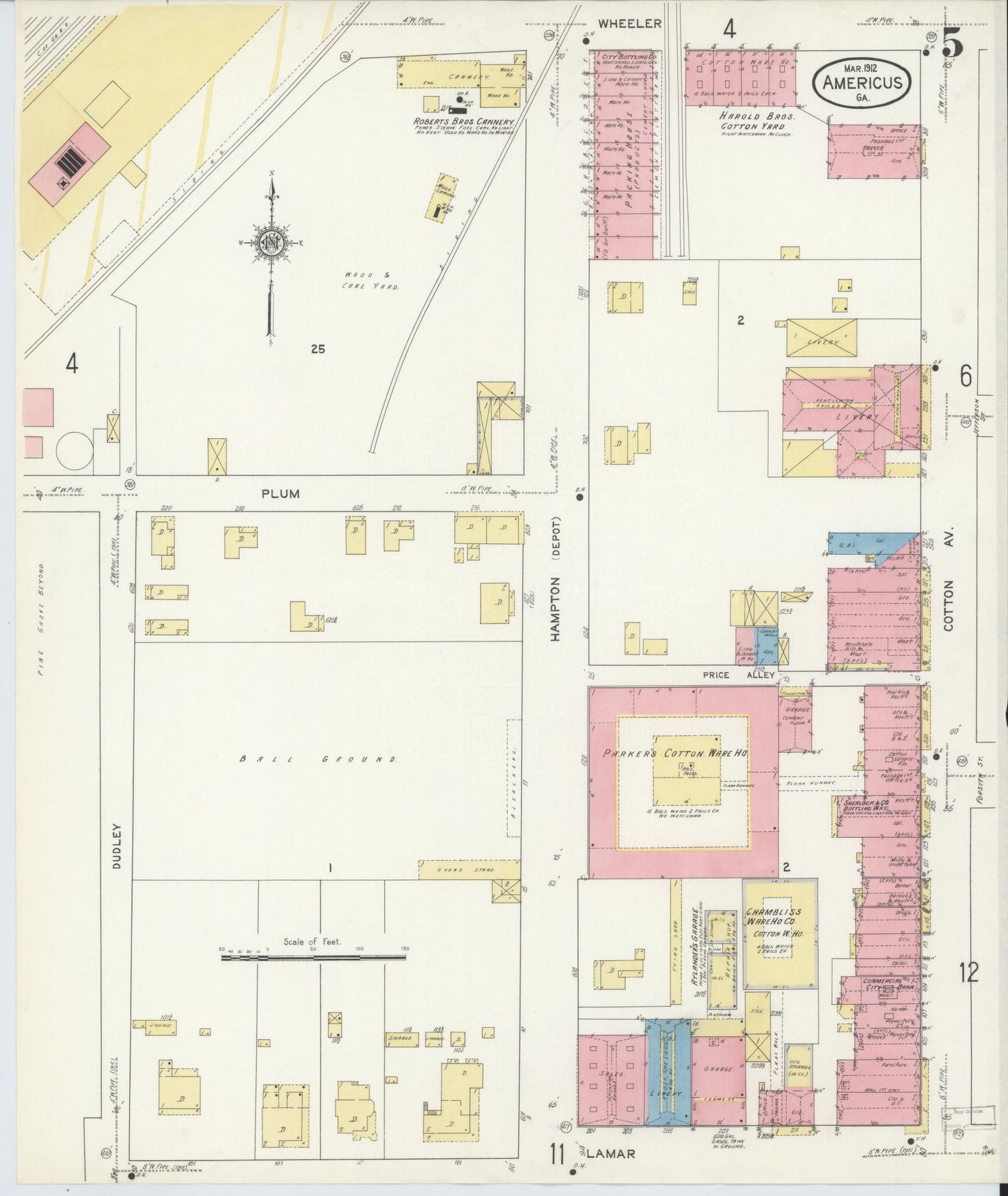 Sanborn Fire Insurance Map from Americus, Sumter County, Georgia (1912), Sheet #0005 - Historic Sanborn Fire Insurance Map Print, vintage old map wall art, antique decor, genealogy gift, Georgia Georgia map
