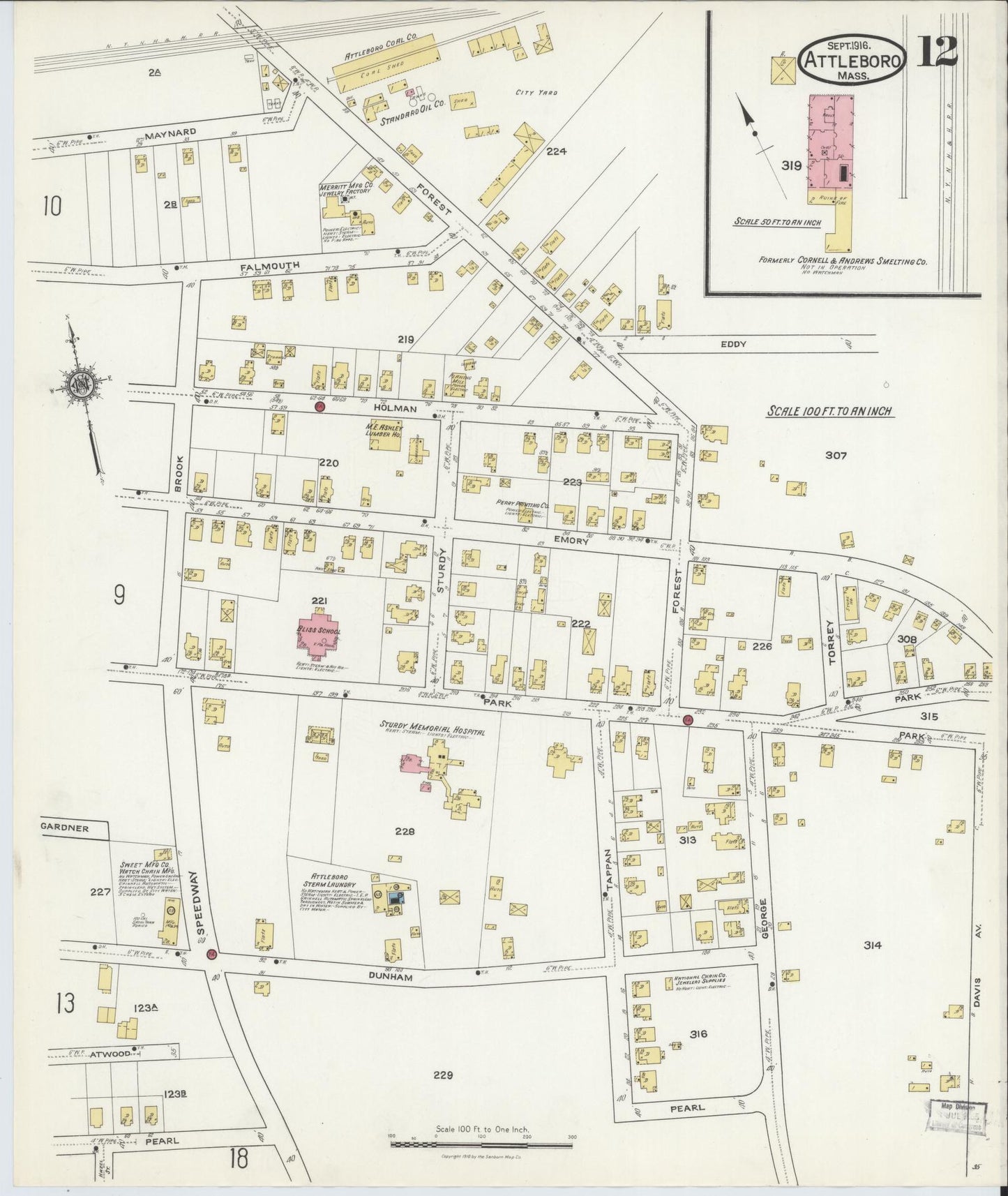 Sanborn Fire Insurance Map from Attleboro, Bristol County, Massachusetts (1916), Sheet #0012 - Historic Sanborn Fire Insurance Map Print, vintage old map wall art, antique decor, genealogy gift, Massachusetts Massachusetts map