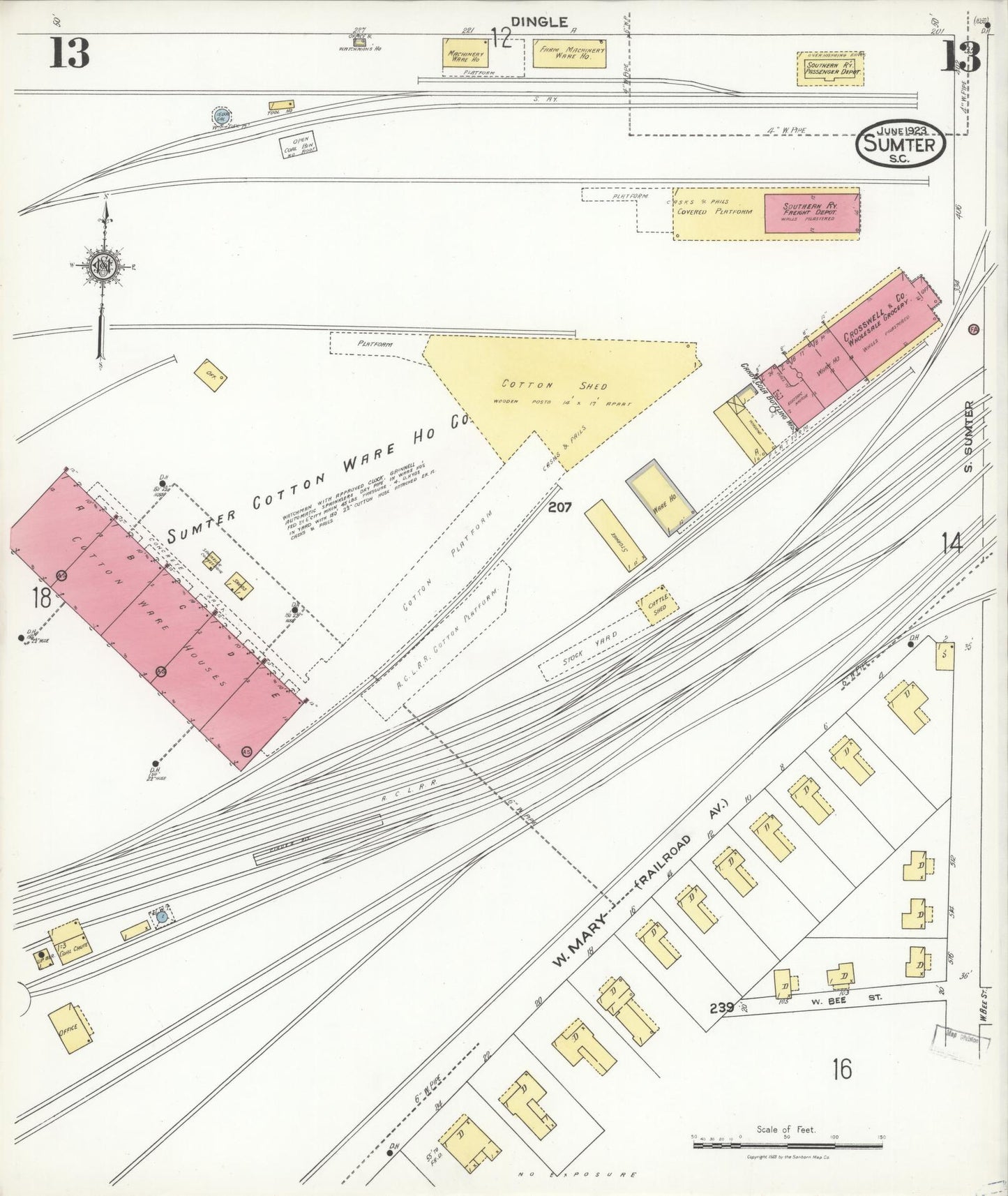 Sanborn Fire Insurance Map from Sumter, Sumter County, South Carolina (1923), Sheet #0013 - Historic Sanborn Fire Insurance Map Print, vintage old map wall art, antique decor, genealogy gift, South Carolina South Carolina map
