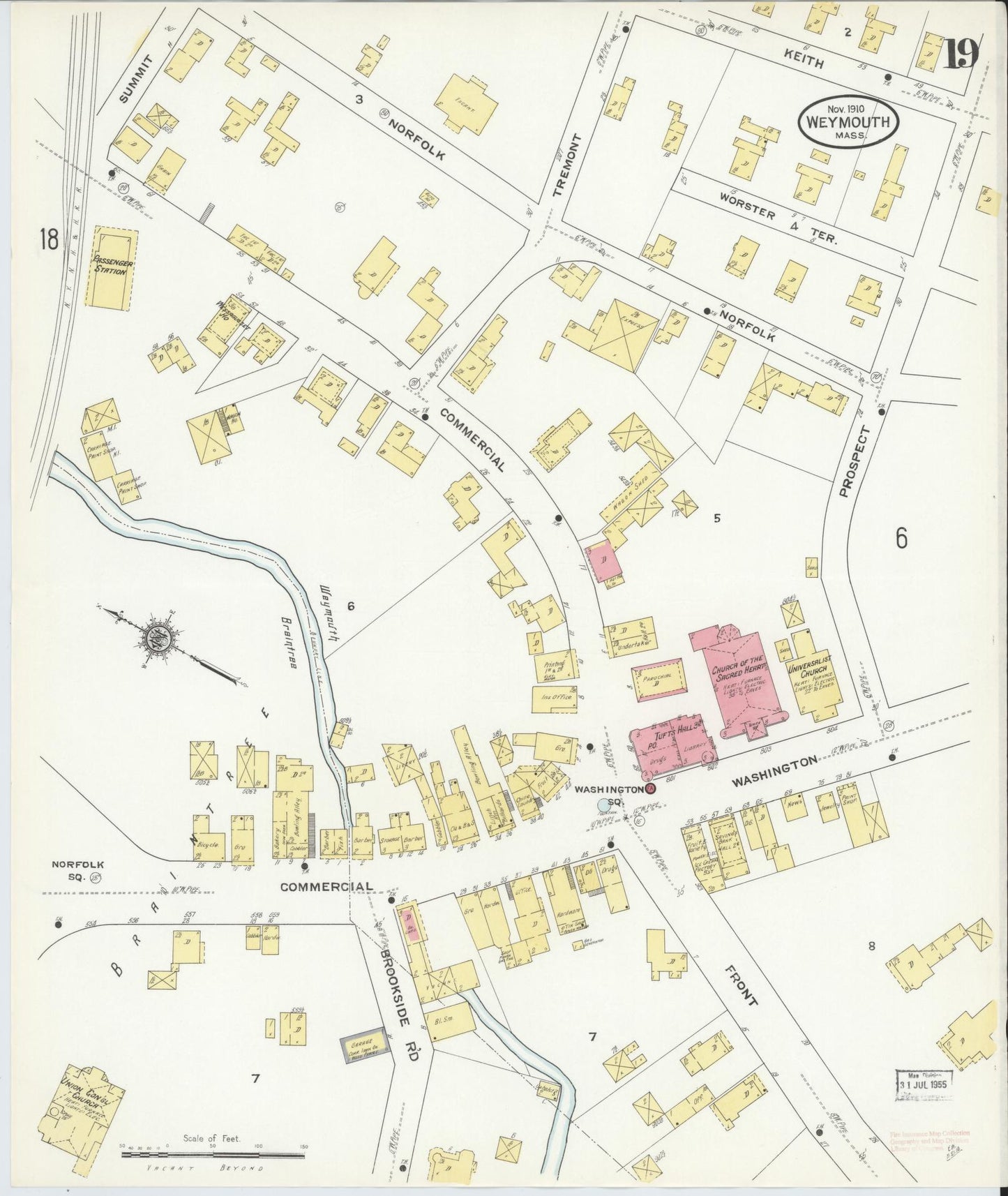Sanborn Fire Insurance Map from Weymouth, Norfolk County, Massachusetts (1910), Sheet #0019 - Historic Sanborn Fire Insurance Map Print, vintage old map wall art, antique decor, genealogy gift, Massachusetts Massachusetts map