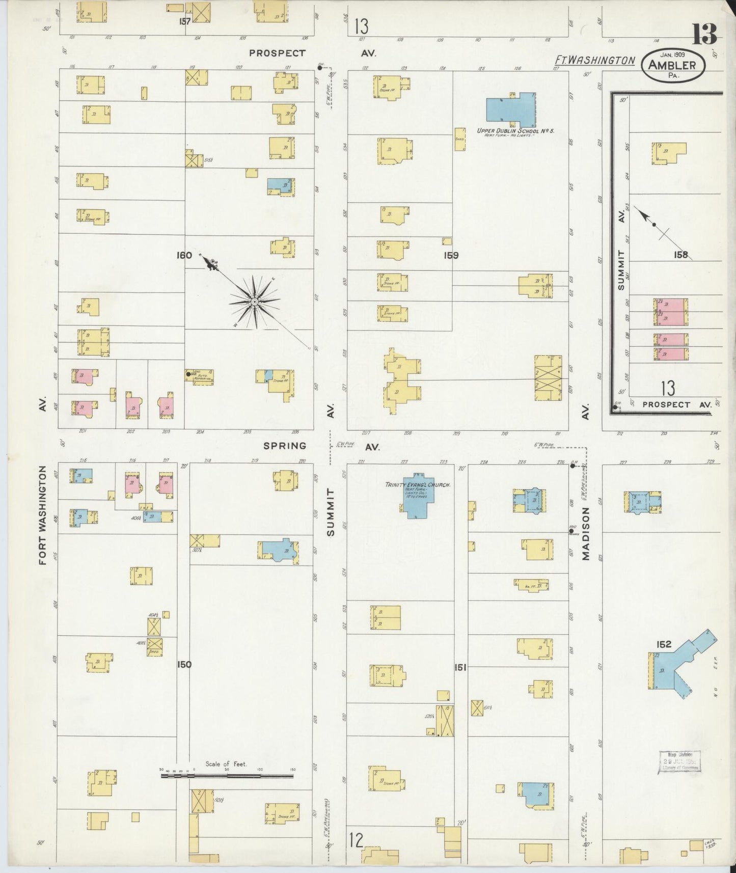 Sanborn Fire Insurance Map from Ambler, Montgomery County, Pennsylvania (1909), Sheet #0013 - Historic Sanborn Fire Insurance Map Print, vintage old map wall art, antique decor, genealogy gift, Pennsylvania Pennsylvania map