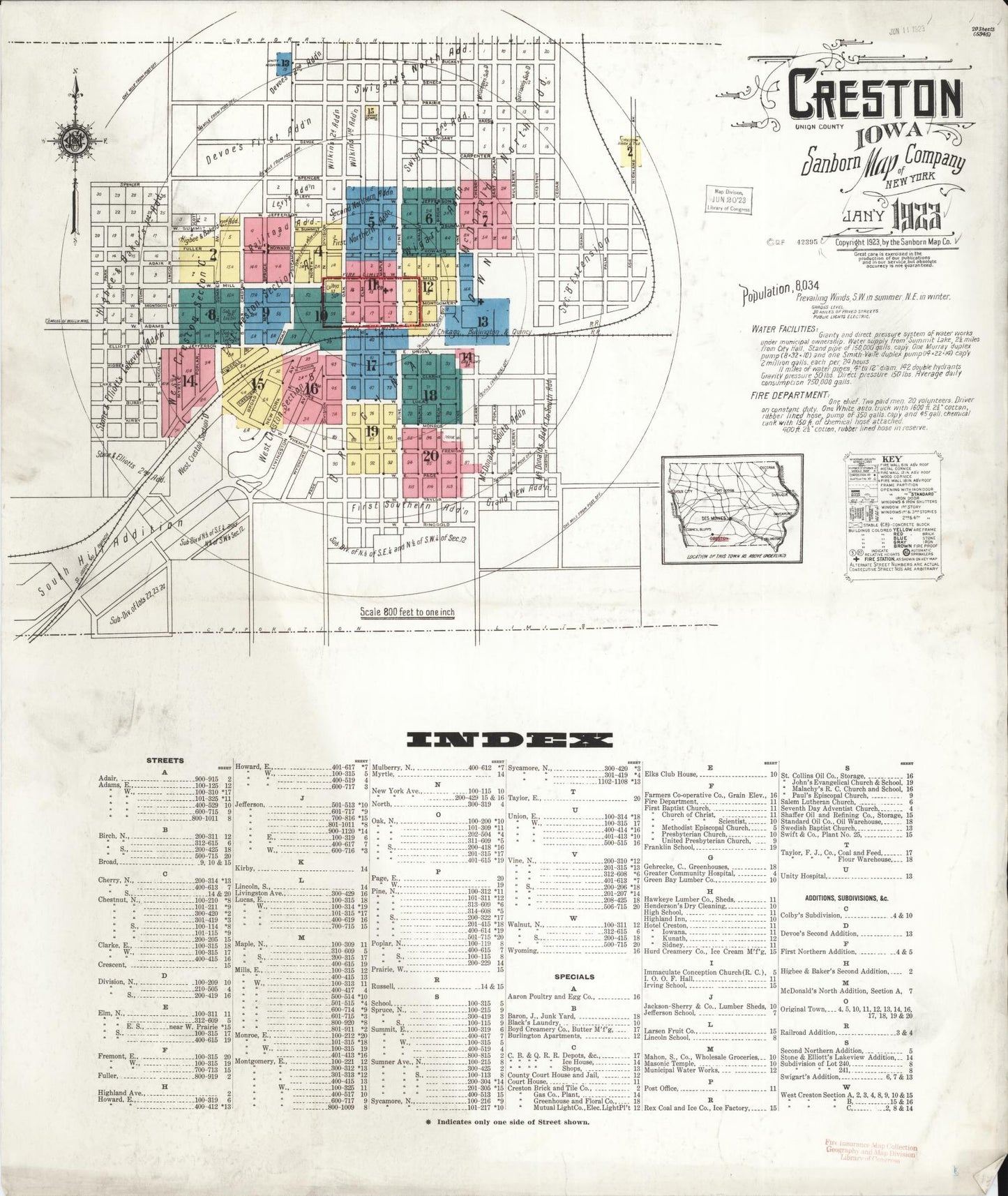 Sanborn Fire Insurance Map from Creston, Union County, Iowa (1923), Sheet #0001 - Historic Sanborn Fire Insurance Map Print, vintage old map wall art