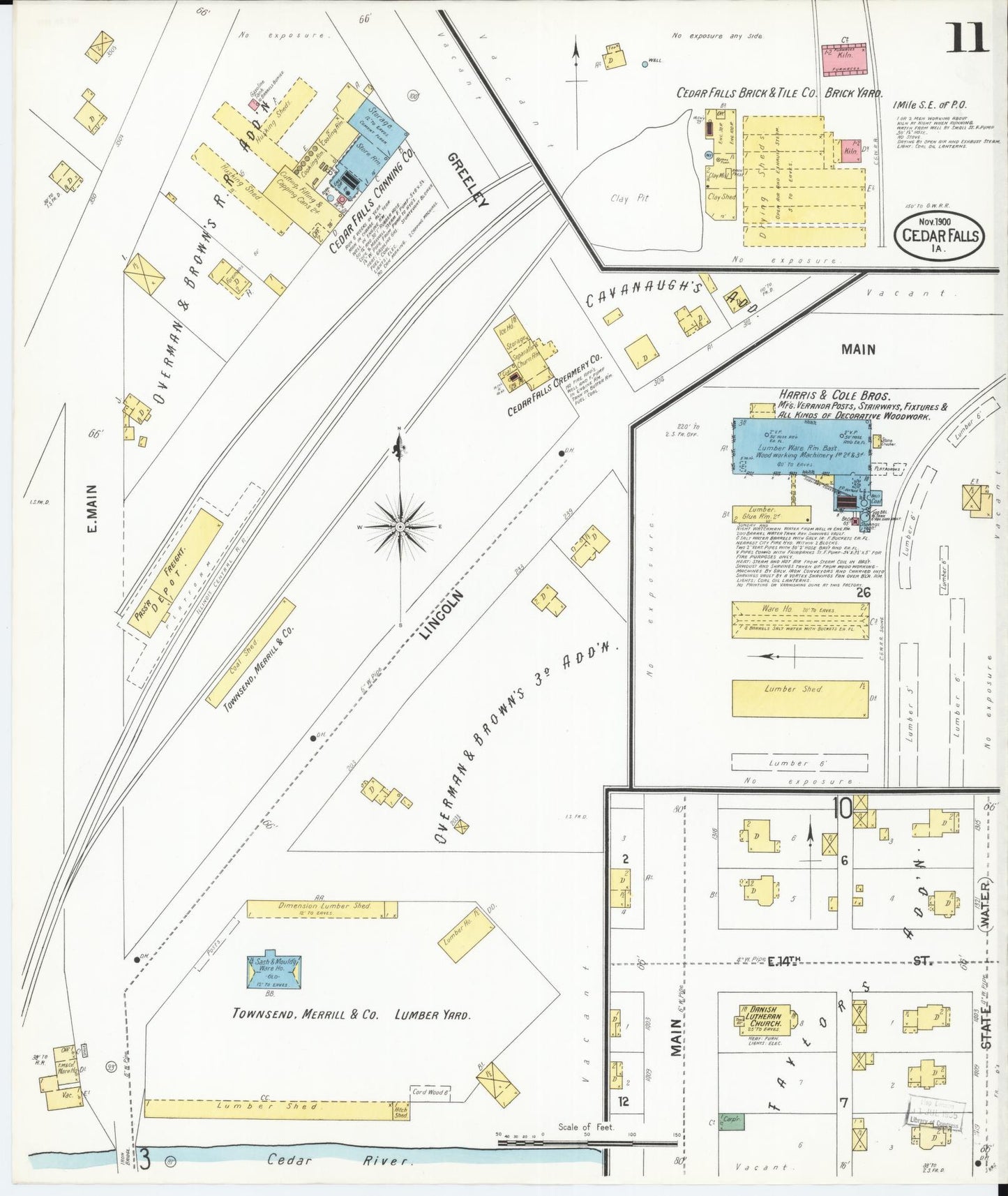 Sanborn Fire Insurance Map from Cedar Falls, Black Hawk County, Iowa (1900), Sheet #0011 - Historic Sanborn Fire Insurance Map Print, vintage old map wall art