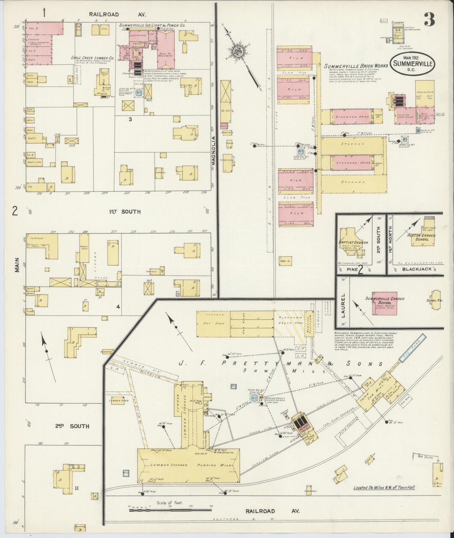 Sanborn Fire Insurance Map from Summerville, Dorchester County, South Carolina (1912), Sheet #0003 - Complete Map Set gallery image, historic Sanborn map, vintage wall art, South Carolina South Carolina