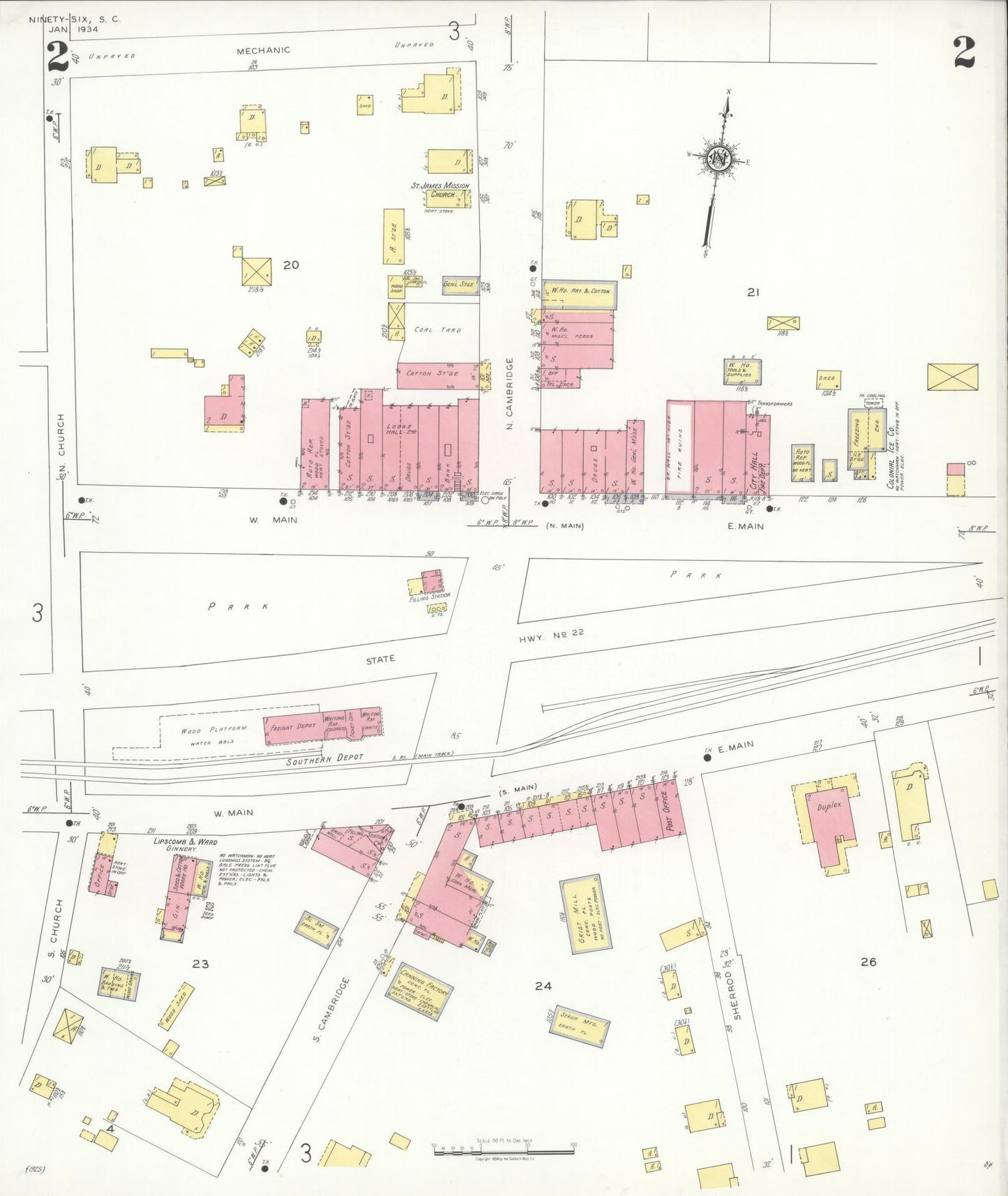 Sanborn Fire Insurance Map from Ninety Six, Greenwood County, South Carolina (1934), Sheet #0002 - Historic Sanborn Fire Insurance Map Print, vintage old map wall art, antique decor, genealogy gift, South Carolina South Carolina map