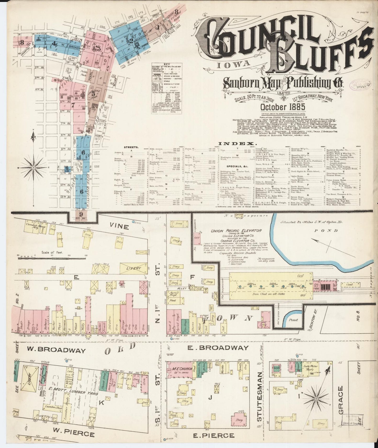 Sanborn Fire Insurance Map from Council Bluffs, Pottawattamie County, Iowa (1885), Sheet #0001 - Historic Sanborn Fire Insurance Map Print, vintage old map wall art