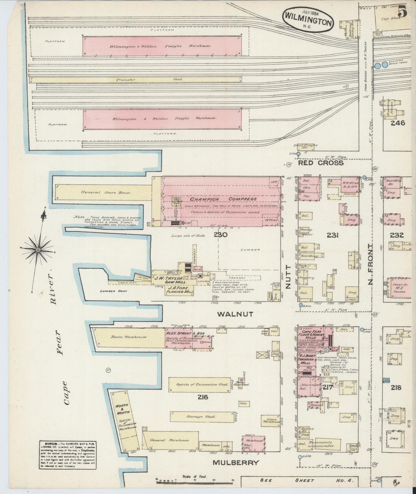 Sanborn Fire Insurance Map from Wilmington, New Hanover County, North Carolina (1884), Sheet #0005 - Historic Sanborn Fire Insurance Map Print, vintage old map wall art, antique decor, genealogy gift, North Carolina North Carolina map