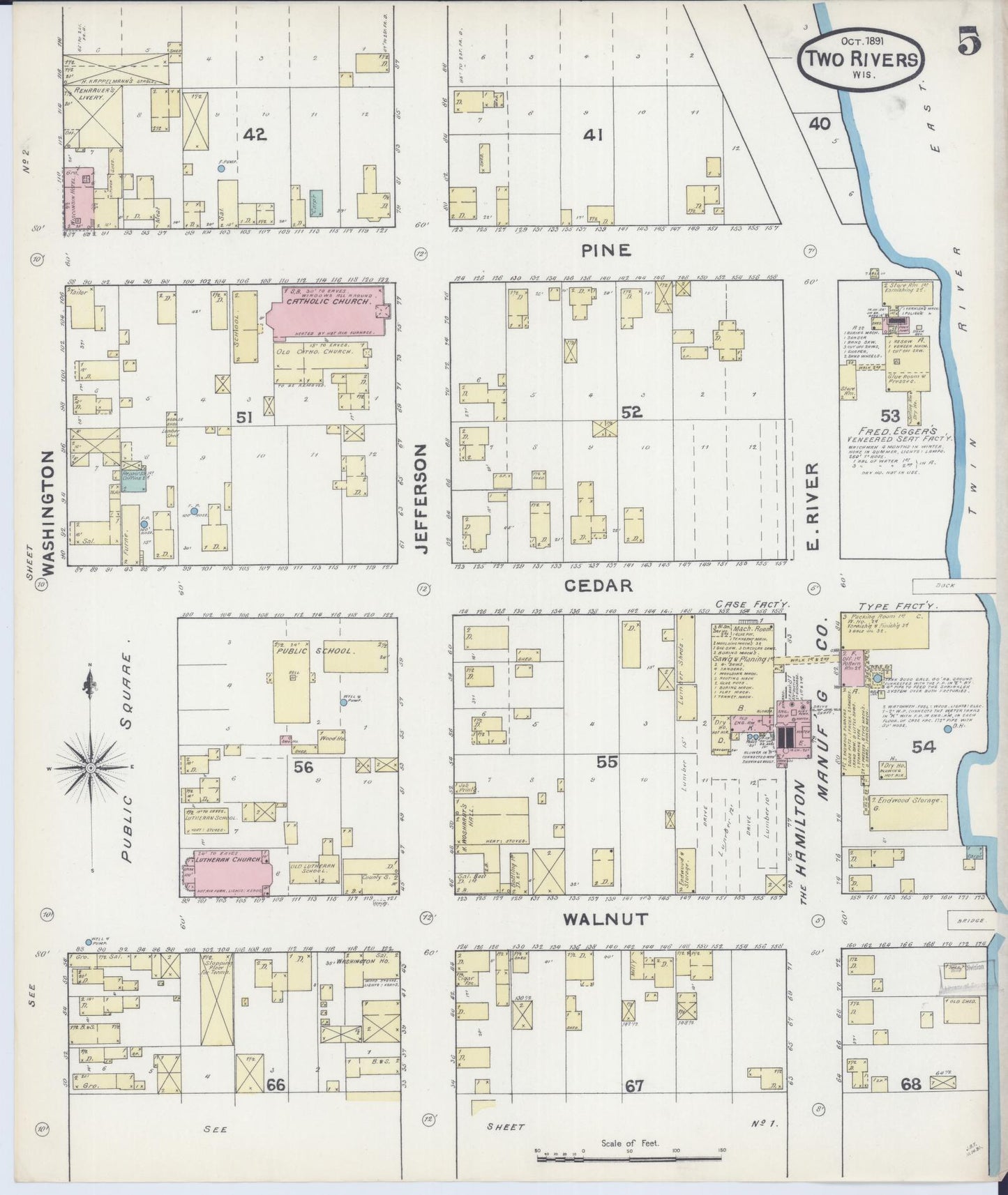 Sanborn Fire Insurance Map from Two Rivers, Manitowoc County, Wisconsin (1891), Sheet #0005 - Complete Map Set gallery image, historic Sanborn map, vintage wall art, Wisconsin Wisconsin