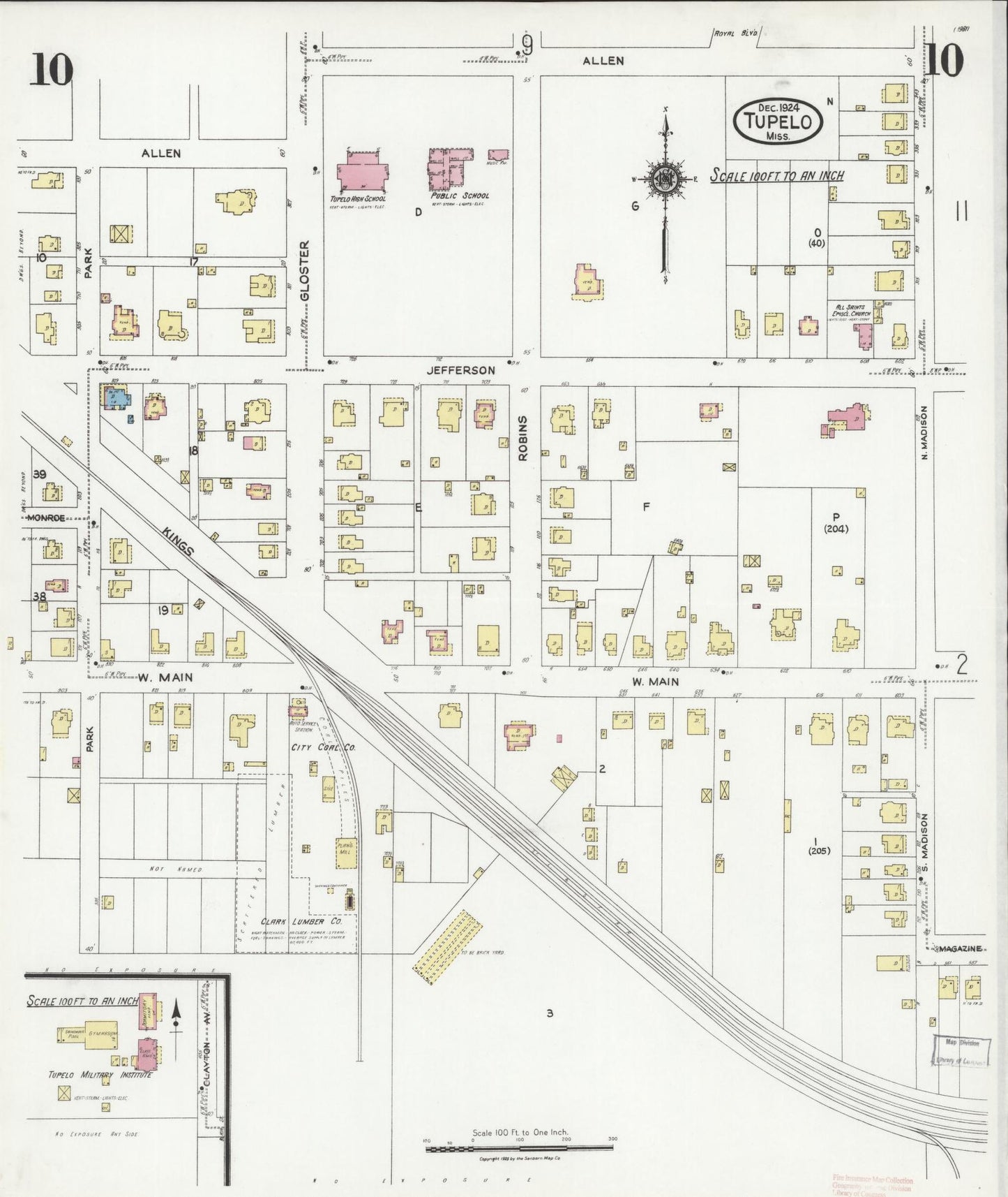 Sanborn Fire Insurance Map from Tupelo, Lee County, Mississippi (1924), Sheet #0010 - Historic Sanborn Fire Insurance Map Print, vintage old map wall art, antique decor, genealogy gift, Mississippi Mississippi map