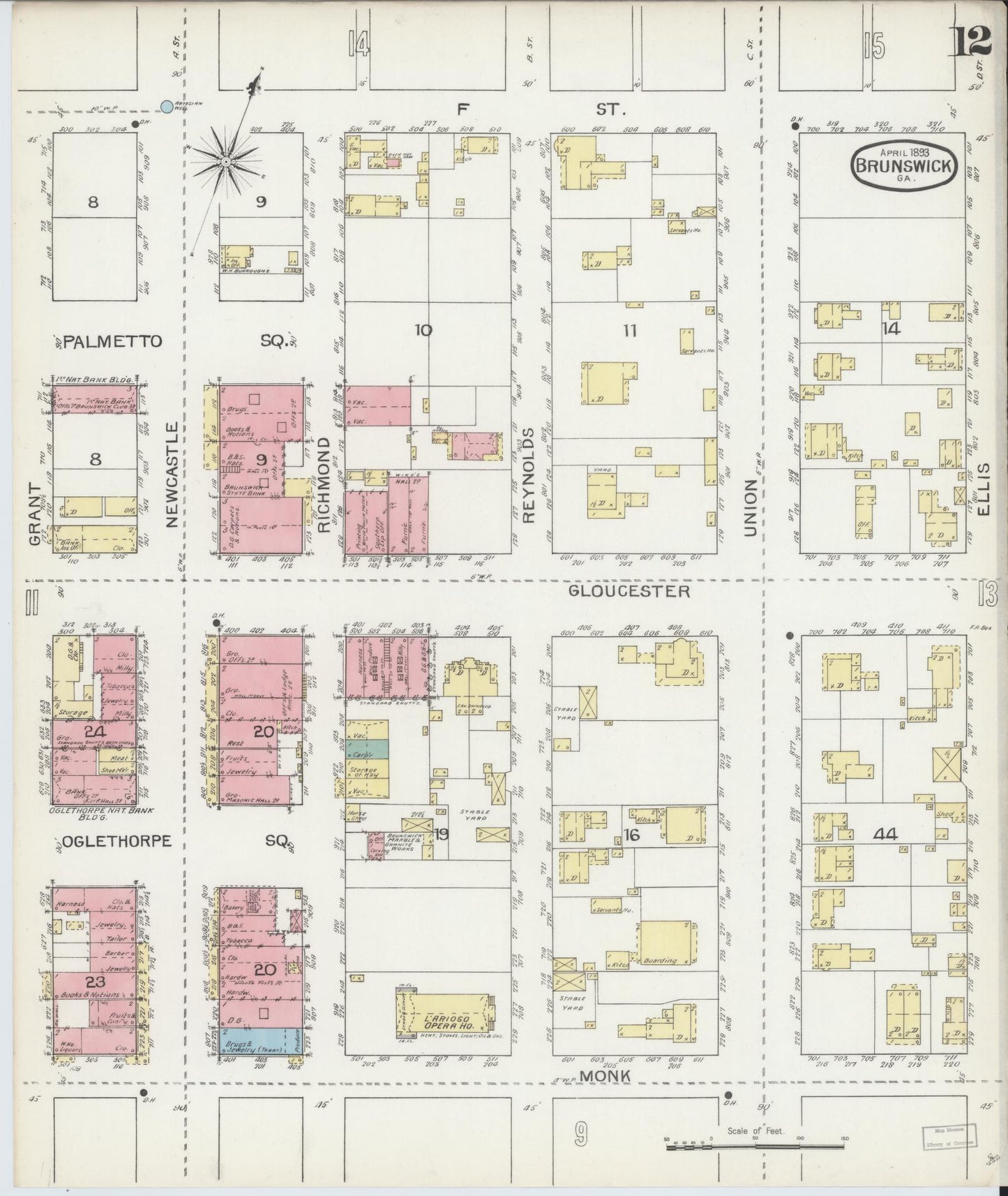 Sanborn Fire Insurance Map from Brunswick, Glynn County, Georgia (1893), Sheet #0012 - Historic Sanborn Fire Insurance Map Print, vintage old map wall art, antique decor, genealogy gift, Georgia Georgia map