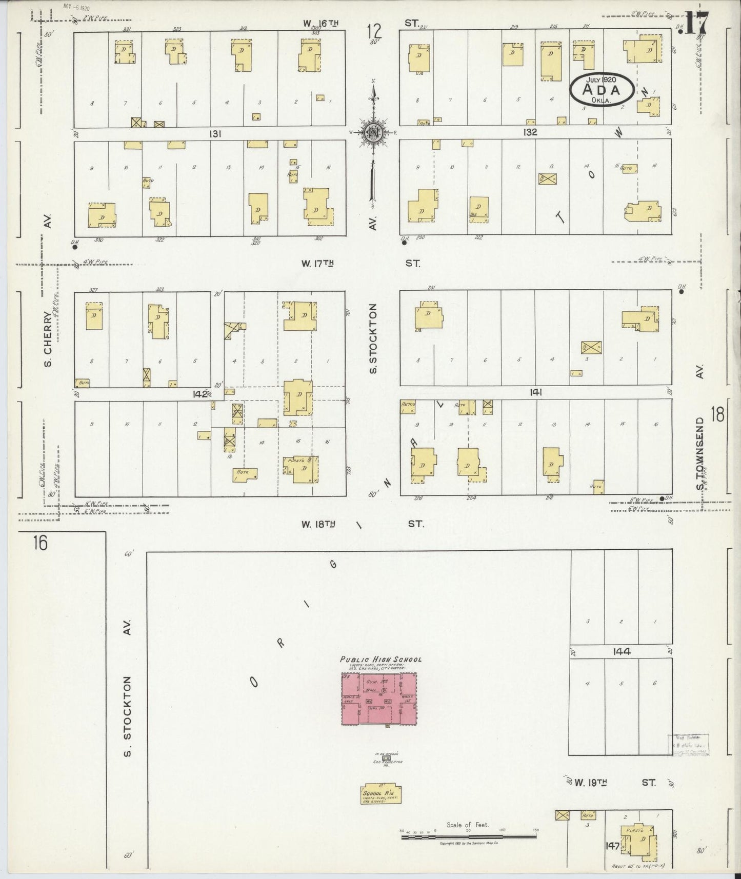 Sanborn Fire Insurance Map from Ada, Pontotoc County, Oklahoma (1920), Sheet #0017 - Historic Sanborn Fire Insurance Map Print, vintage old map wall art, antique decor, genealogy gift, Oklahoma Oklahoma map