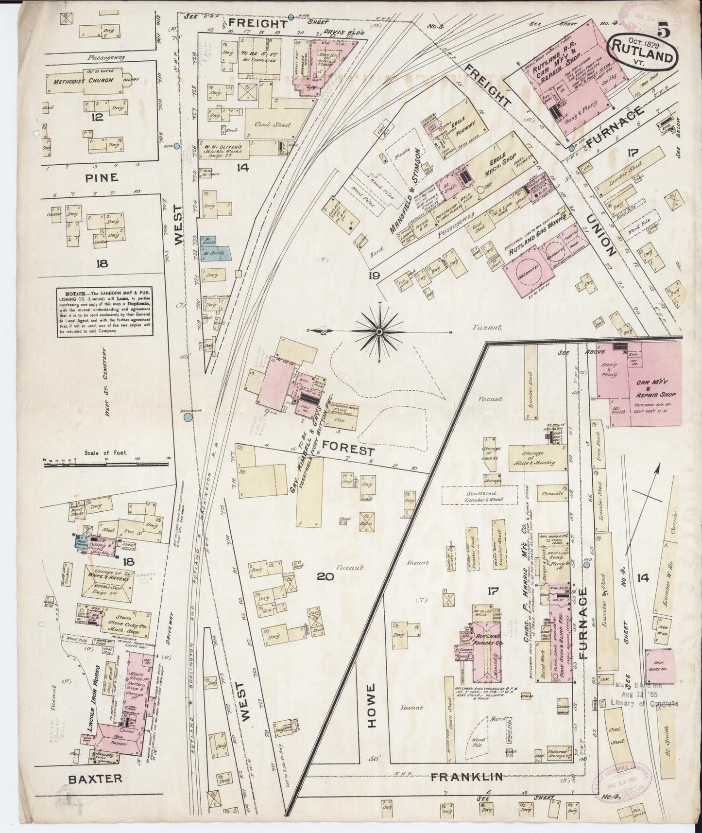 Sanborn Fire Insurance Map from Rutland, Rutland County, Vermont (1879), Sheet #0005 - Historic Sanborn Fire Insurance Map Print, vintage old map wall art, antique decor, genealogy gift, Vermont Vermont map