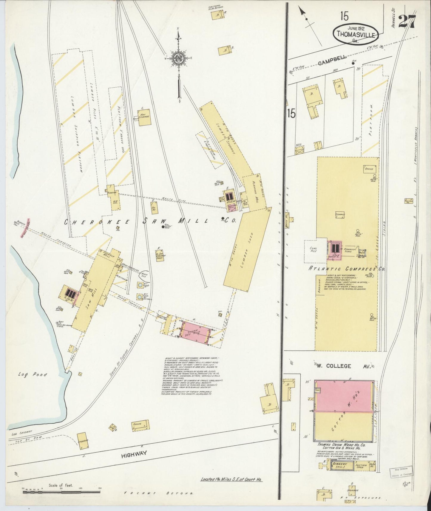 Sanborn Fire Insurance Map from Thomasville, Thomas County, Georgia (1912), Sheet #0027 - Historic Sanborn Fire Insurance Map Print, vintage old map wall art, antique decor, genealogy gift, Georgia Georgia map