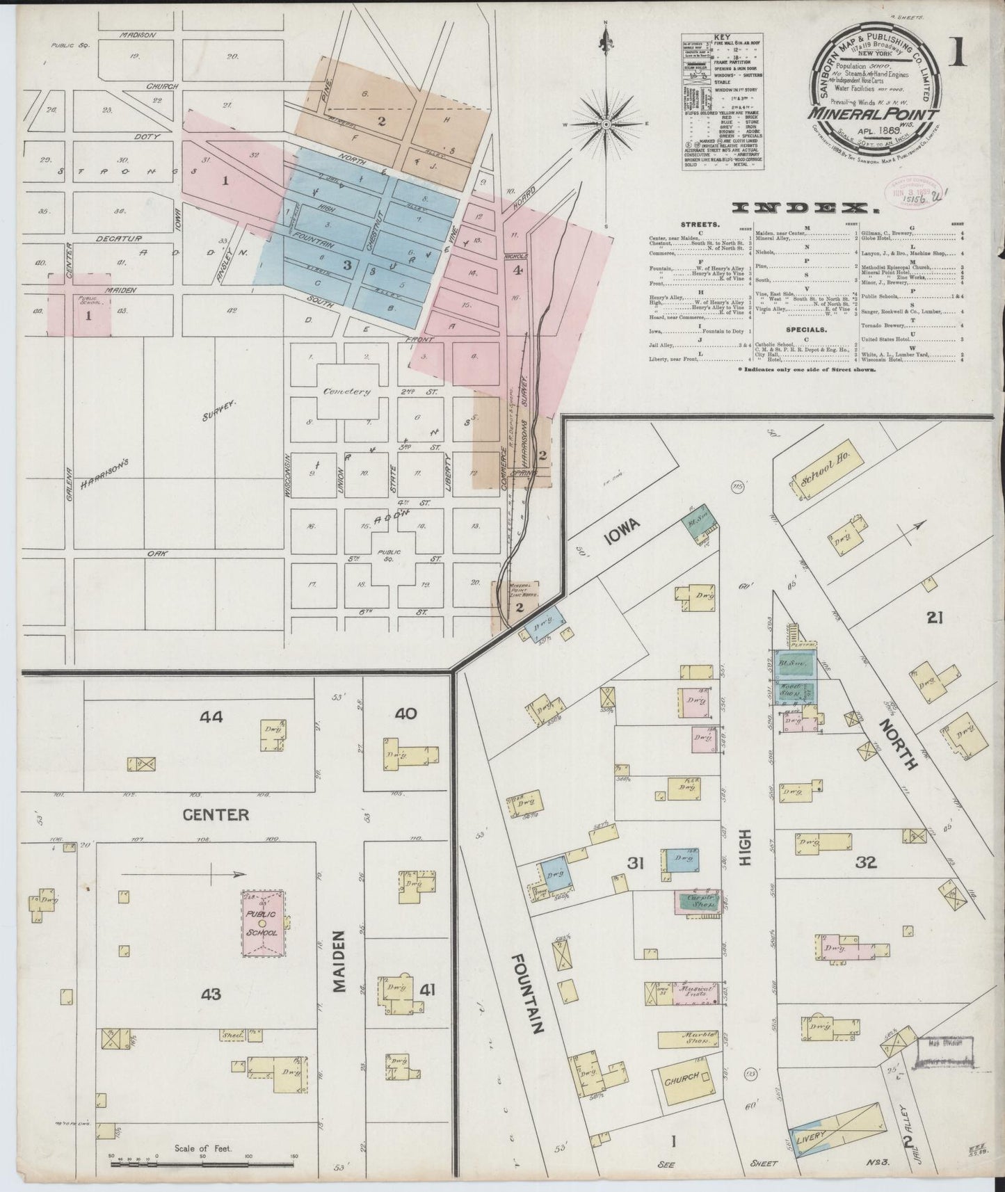 Sanborn Fire Insurance Map from Mineral Point, Iowa County, Wisconsin (1889), Sheet #0001 - Historic Sanborn Fire Insurance Map Print, vintage old map wall art, antique decor, genealogy gift, Wisconsin Wisconsin map