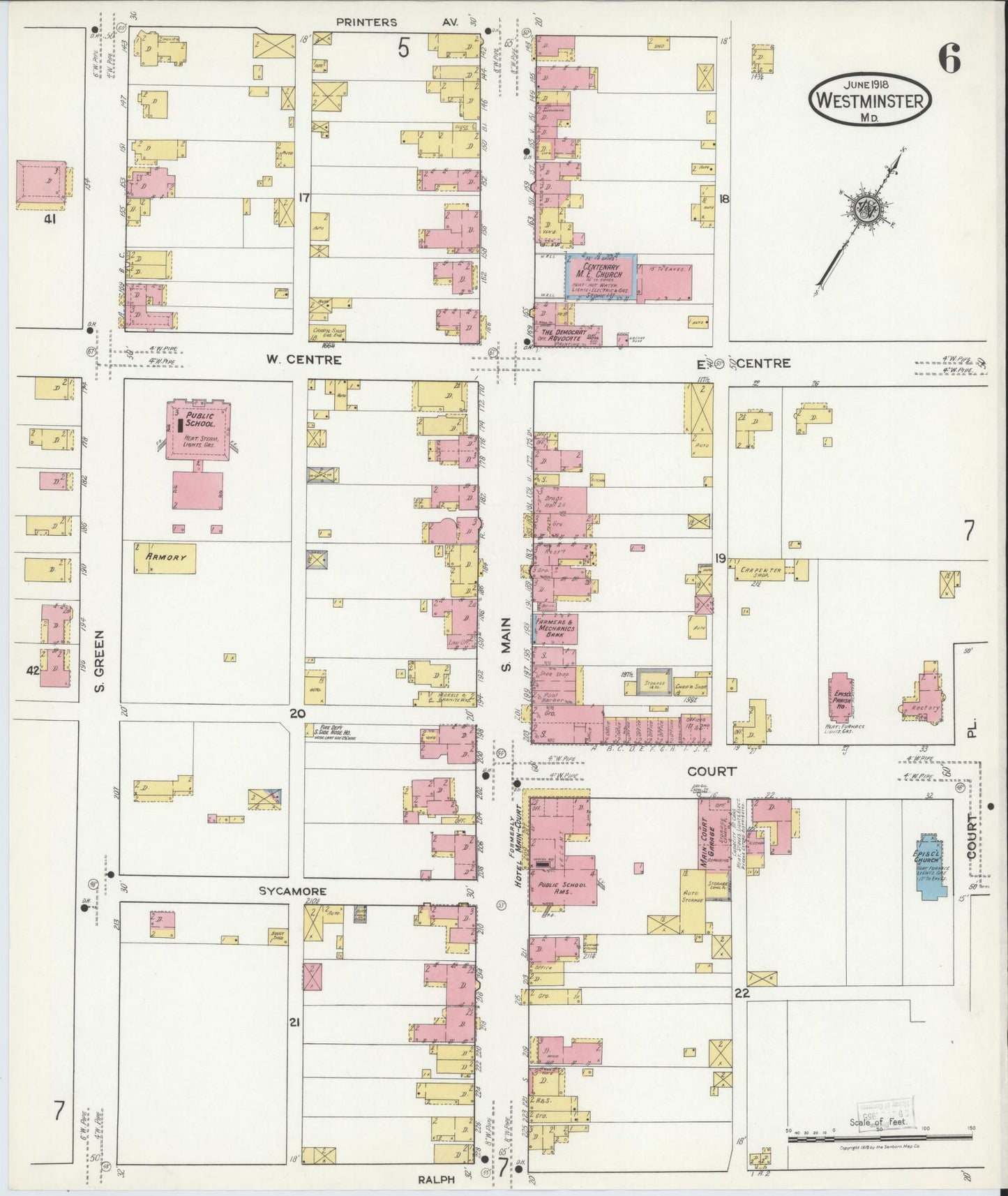 Sanborn Fire Insurance Map from Westminster, Carroll County, Maryland (1918), Sheet #0006 - Historic Sanborn Fire Insurance Map Print, vintage old map wall art, antique decor, genealogy gift, Maryland Maryland map