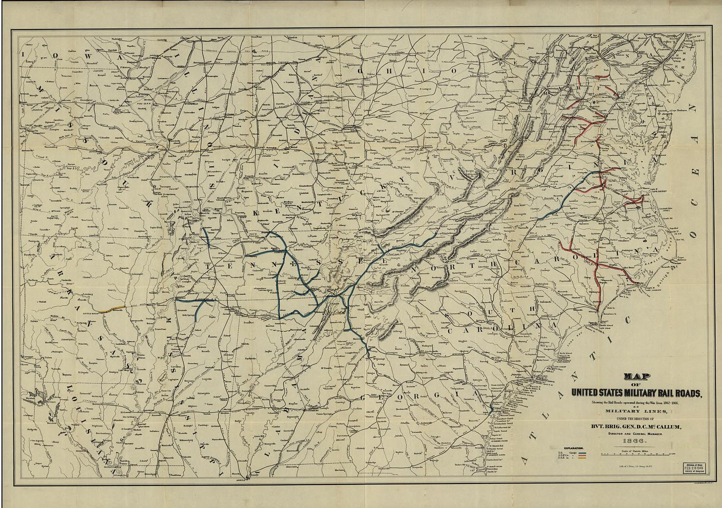 Map of United States military rail roads, showing the rail roads operated during the war from 1862-1866, as military lines Civil War Map (1866) - Historic Battlefield Map Reprint