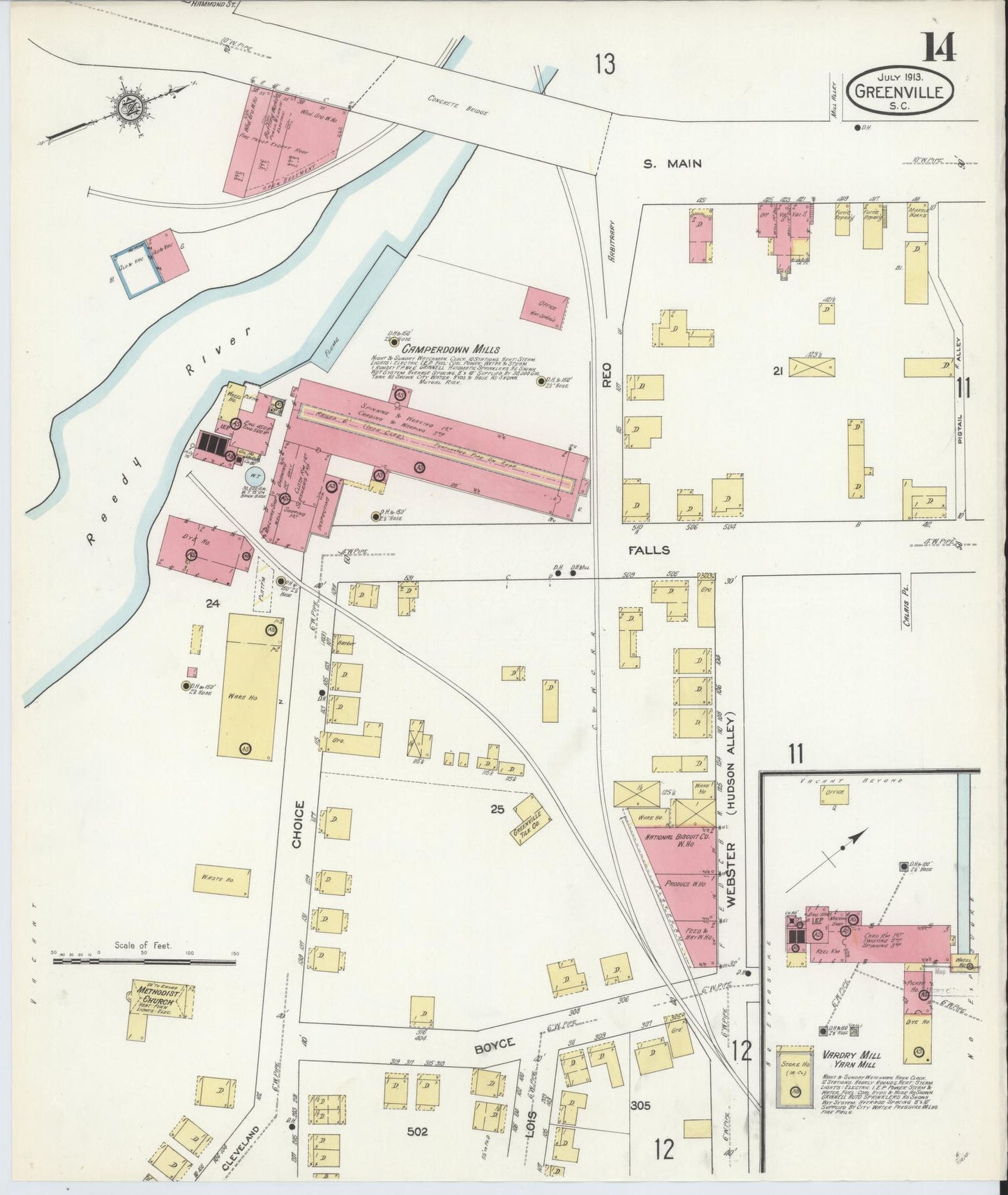 Sanborn Fire Insurance Map from Greenville, Greenville County, South Carolina (1913), Sheet #0014 - Historic Sanborn Fire Insurance Map Print, vintage old map wall art, antique decor, genealogy gift, South Carolina South Carolina map