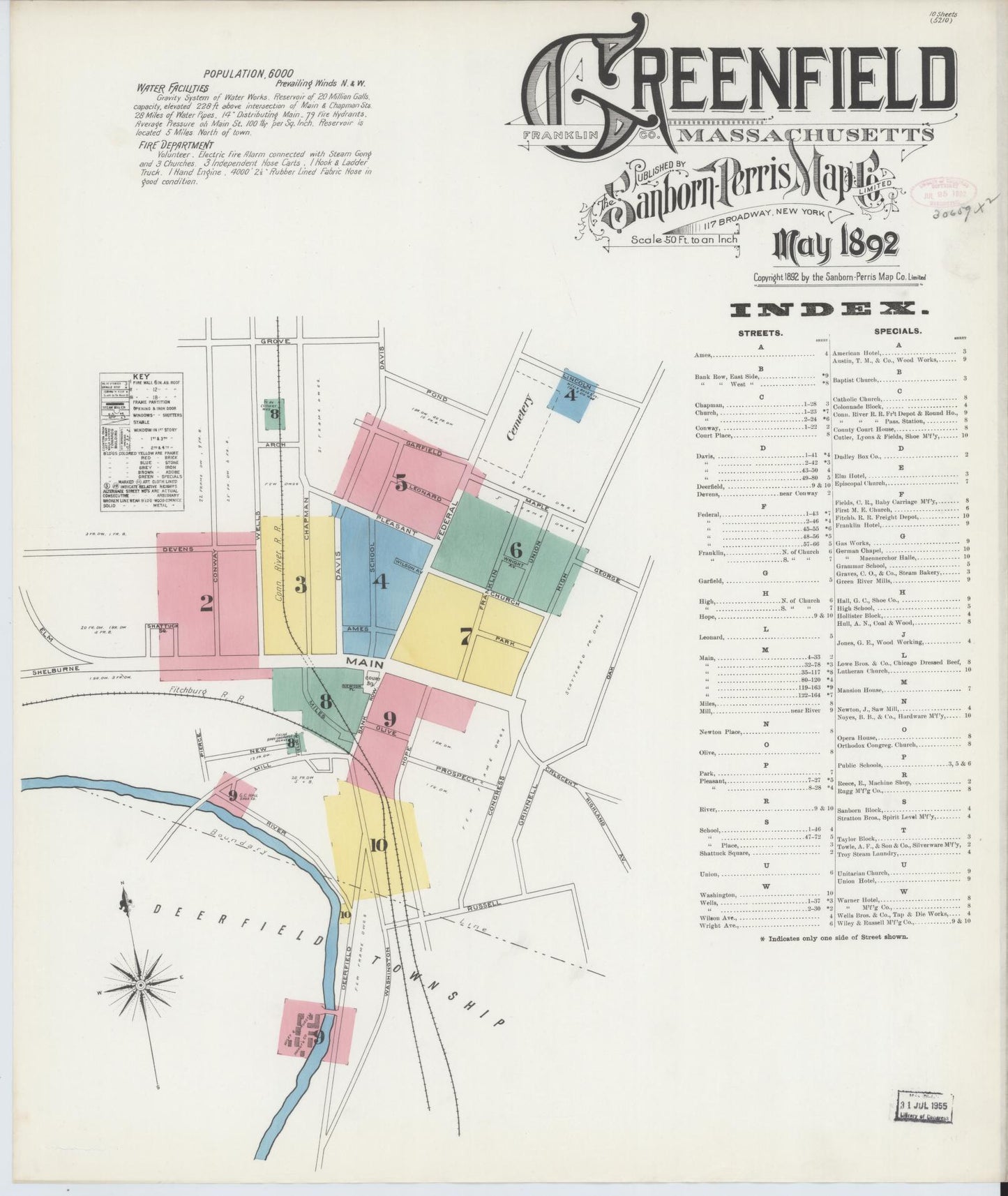 Sanborn Fire Insurance Map from Greenfield, Franklin County, Massachusetts (1892), Sheet #0001 - Historic Sanborn Fire Insurance Map Print, vintage old map wall art, antique decor, genealogy gift, Massachusetts Massachusetts map