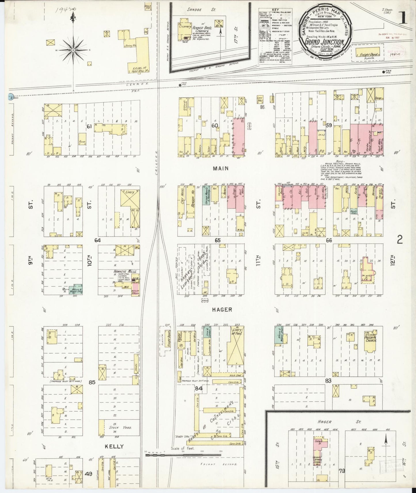 Sanborn Fire Insurance Map from Grand Junction, Greene County, Iowa (1896), Sheet #0001 - Historic Sanborn Fire Insurance Map Print, vintage old map wall art