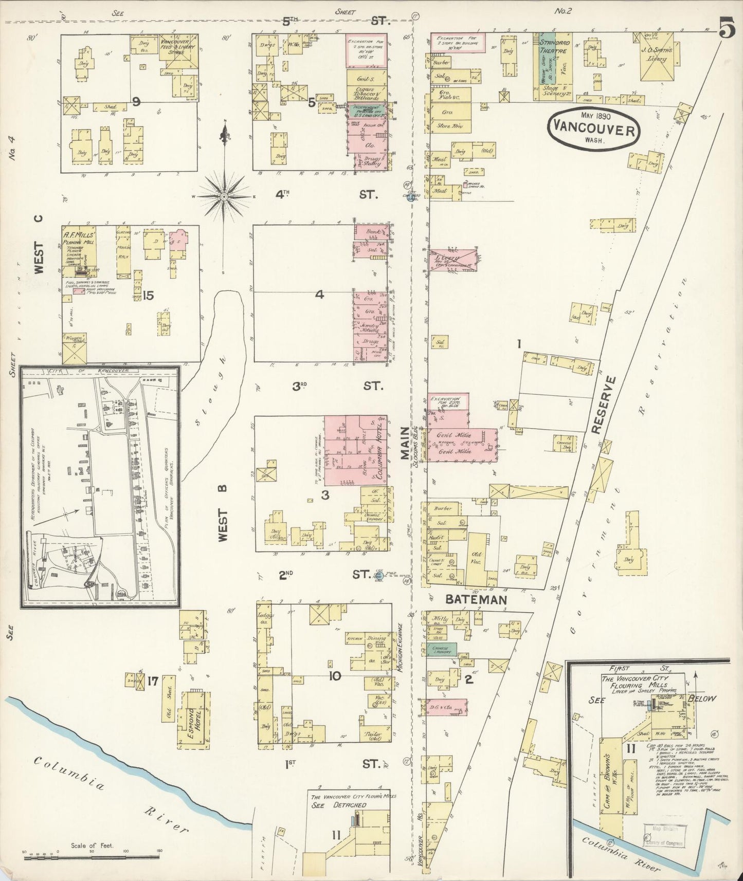 Sanborn Fire Insurance Map from Vancouver, Clark County, Washington (1890), Sheet #0005 - Historic Sanborn Fire Insurance Map Print, vintage old map wall art, antique decor, genealogy gift, Washington Washington map