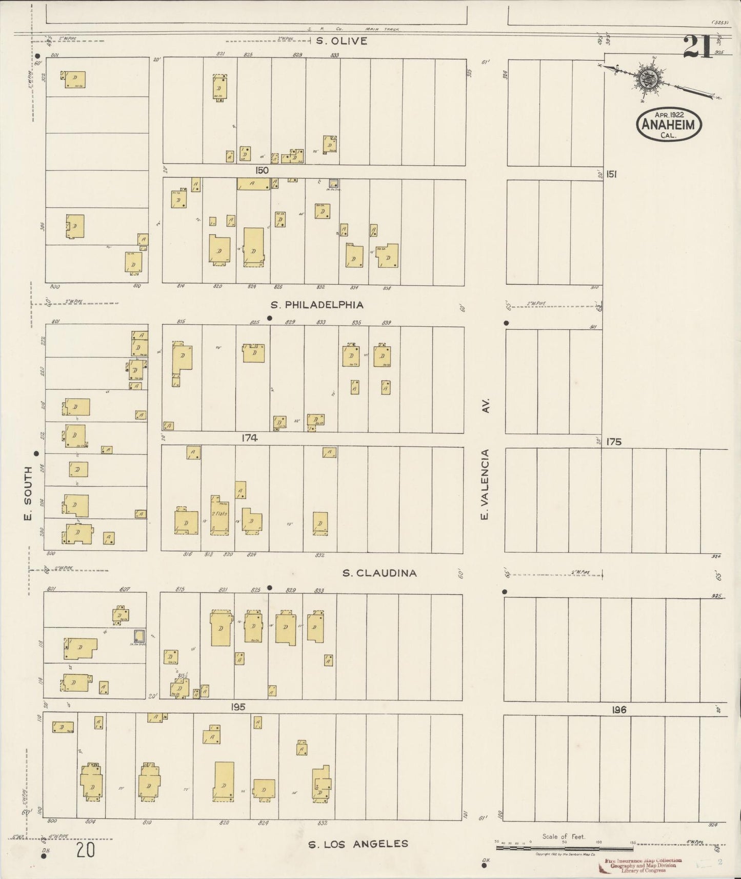 Sanborn Fire Insurance Map from Anaheim, Orange County, California (1922), Sheet #0021 - Historic Sanborn Fire Insurance Map Print, vintage old map wall art, antique decor, genealogy gift, California California map