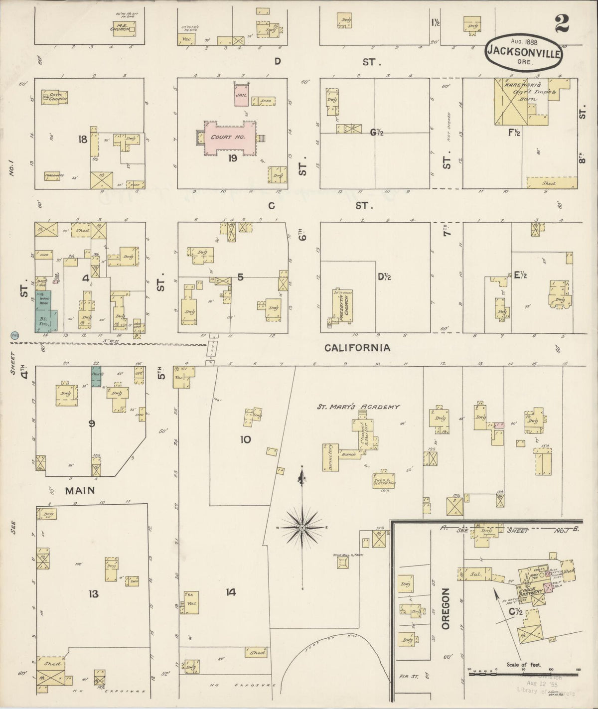 Sanborn Fire Insurance Map from Jacksonville, Jackson County, Oregon (1888), Sheet #0002 - Complete Map Set gallery image, historic Sanborn map, vintage wall art, Oregon Oregon