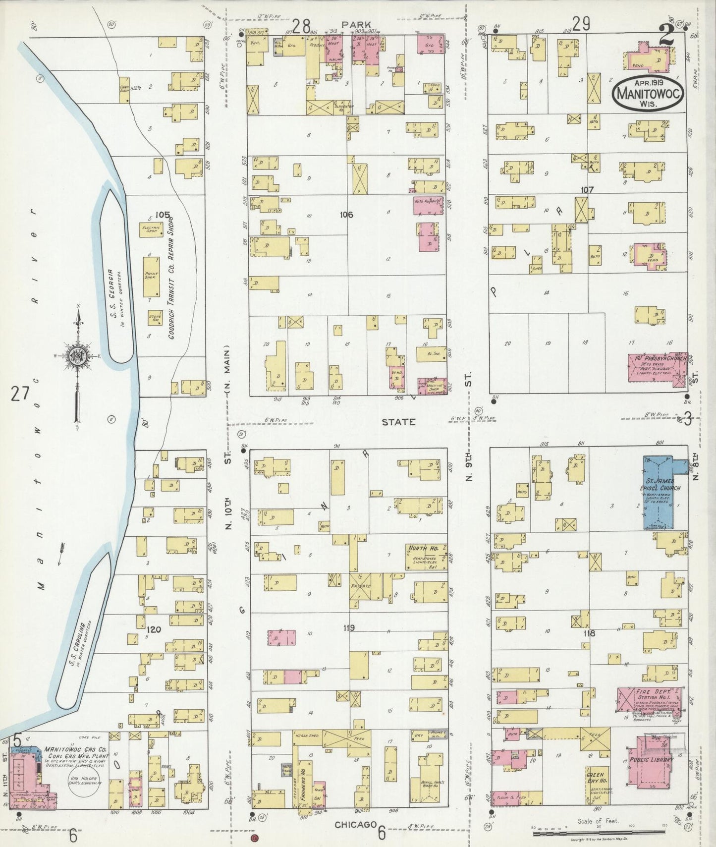 Sanborn Fire Insurance Map from Manitowoc, Manitowoc County, Wisconsin (1919), Sheet #0002 - Historic Sanborn Fire Insurance Map Print, vintage old map wall art, antique decor, genealogy gift, Wisconsin Wisconsin map